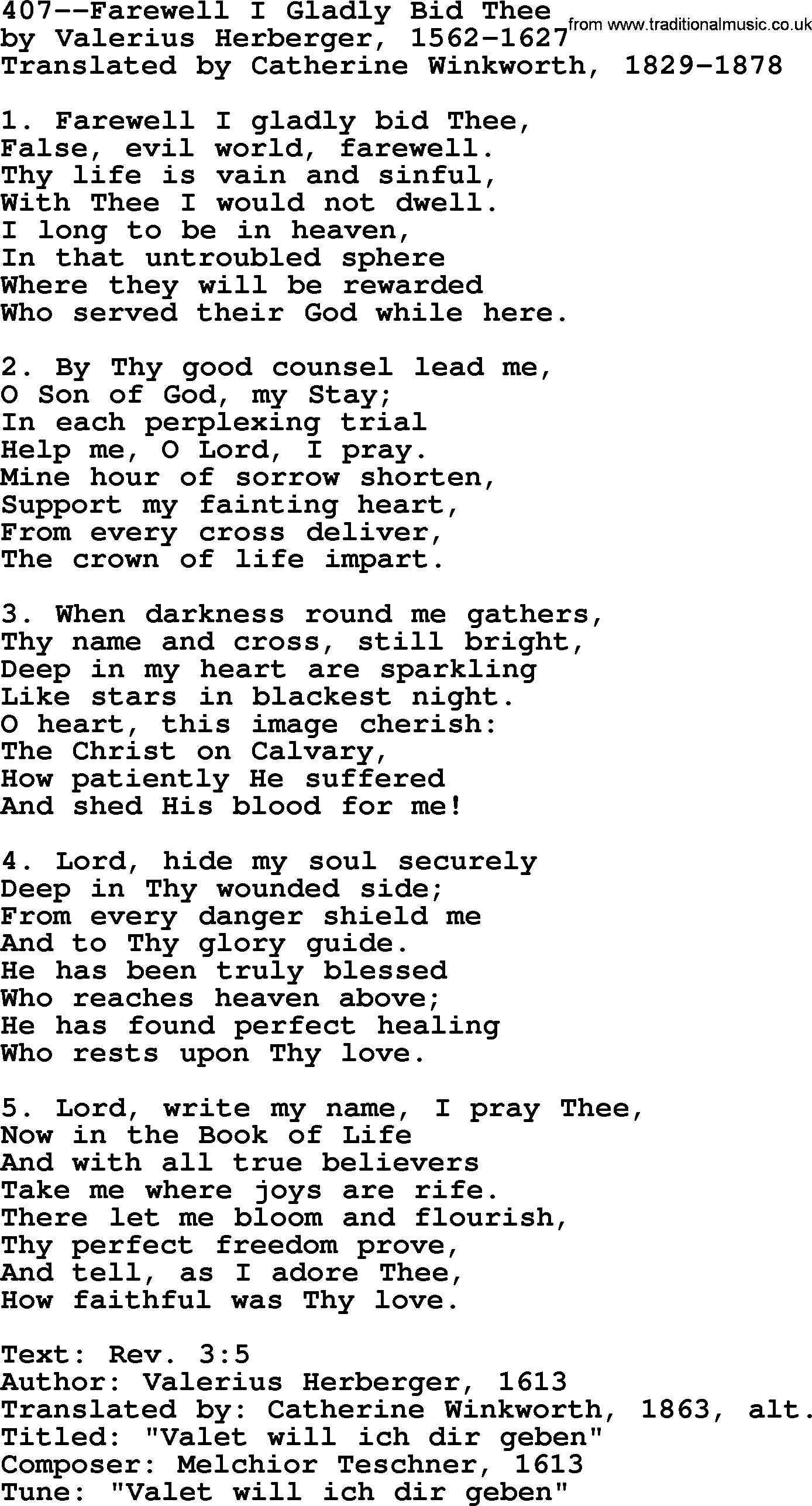 Lutheran Hymn: 407--Farewell I Gladly Bid Thee.txt lyrics with PDF