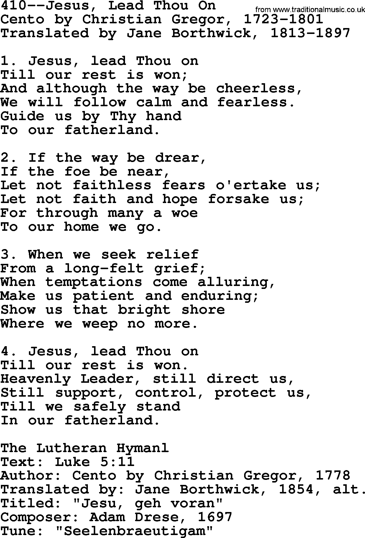 Lutheran Hymn: 410--Jesus, Lead Thou On.txt lyrics with PDF