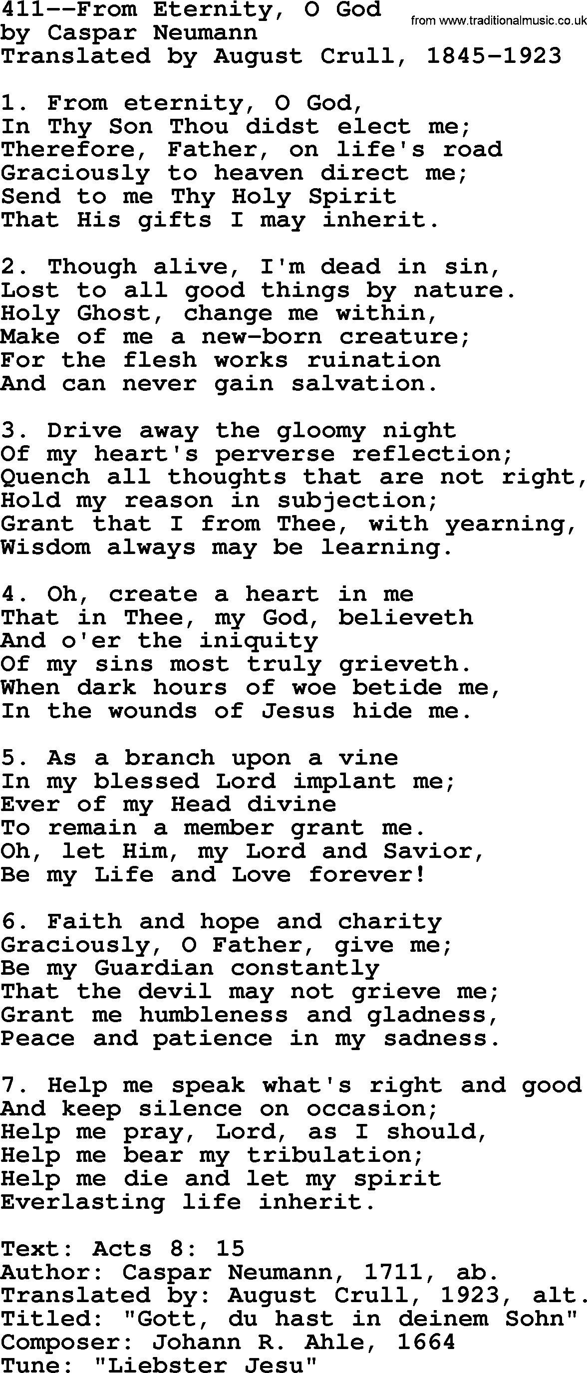 Lutheran Hymn: 411--From Eternity, O God.txt lyrics with PDF