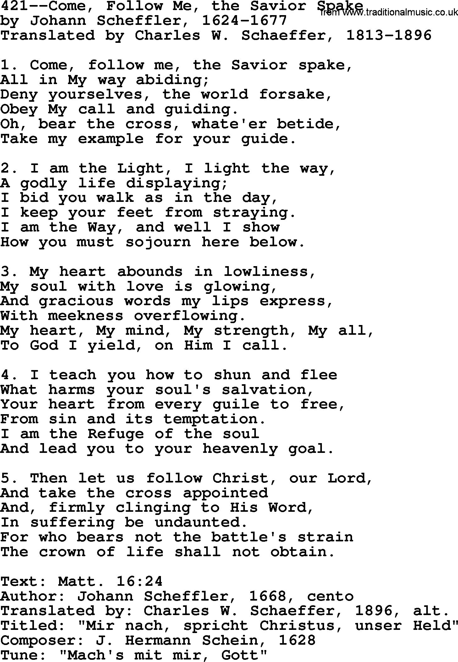 Lutheran Hymn: 421--Come, Follow Me, the Savior Spake.txt lyrics with PDF
