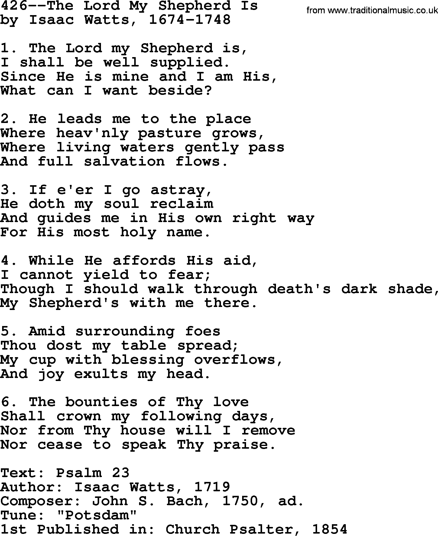 Lutheran Hymn: 426--The Lord My Shepherd Is.txt lyrics with PDF