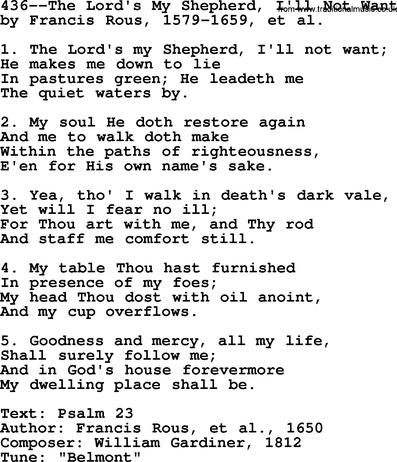 Lutheran Hymn: 436--The Lord's My Shepherd, I'll Not Want.txt lyrics with PDF