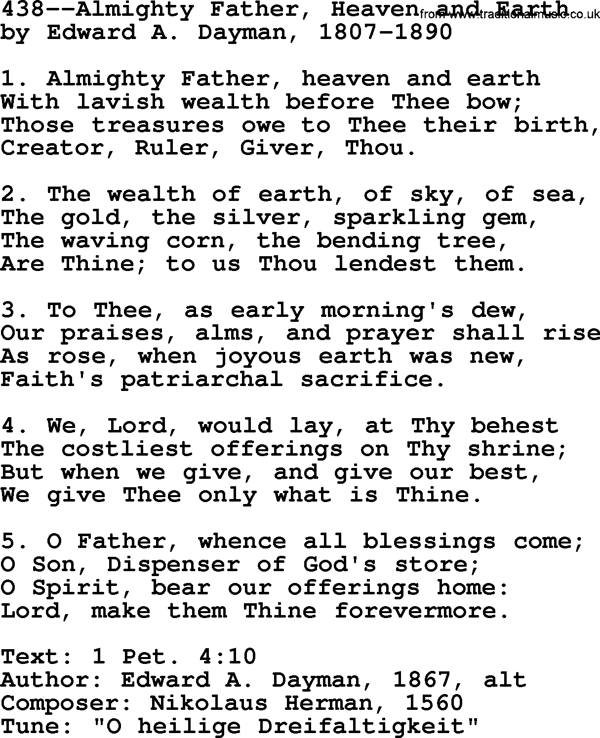 Lutheran Hymn: 438--Almighty Father, Heaven and Earth.txt lyrics with PDF
