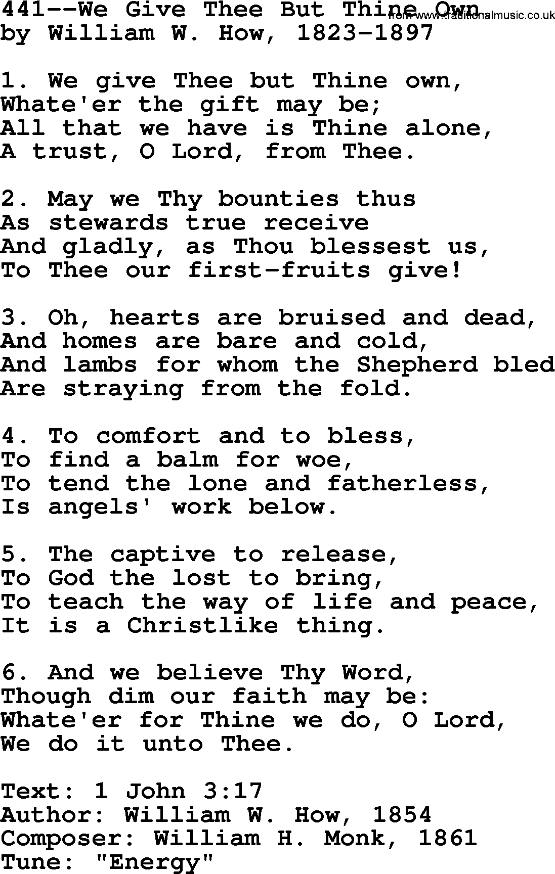 Lutheran Hymn: 441--We Give Thee But Thine Own.txt lyrics with PDF