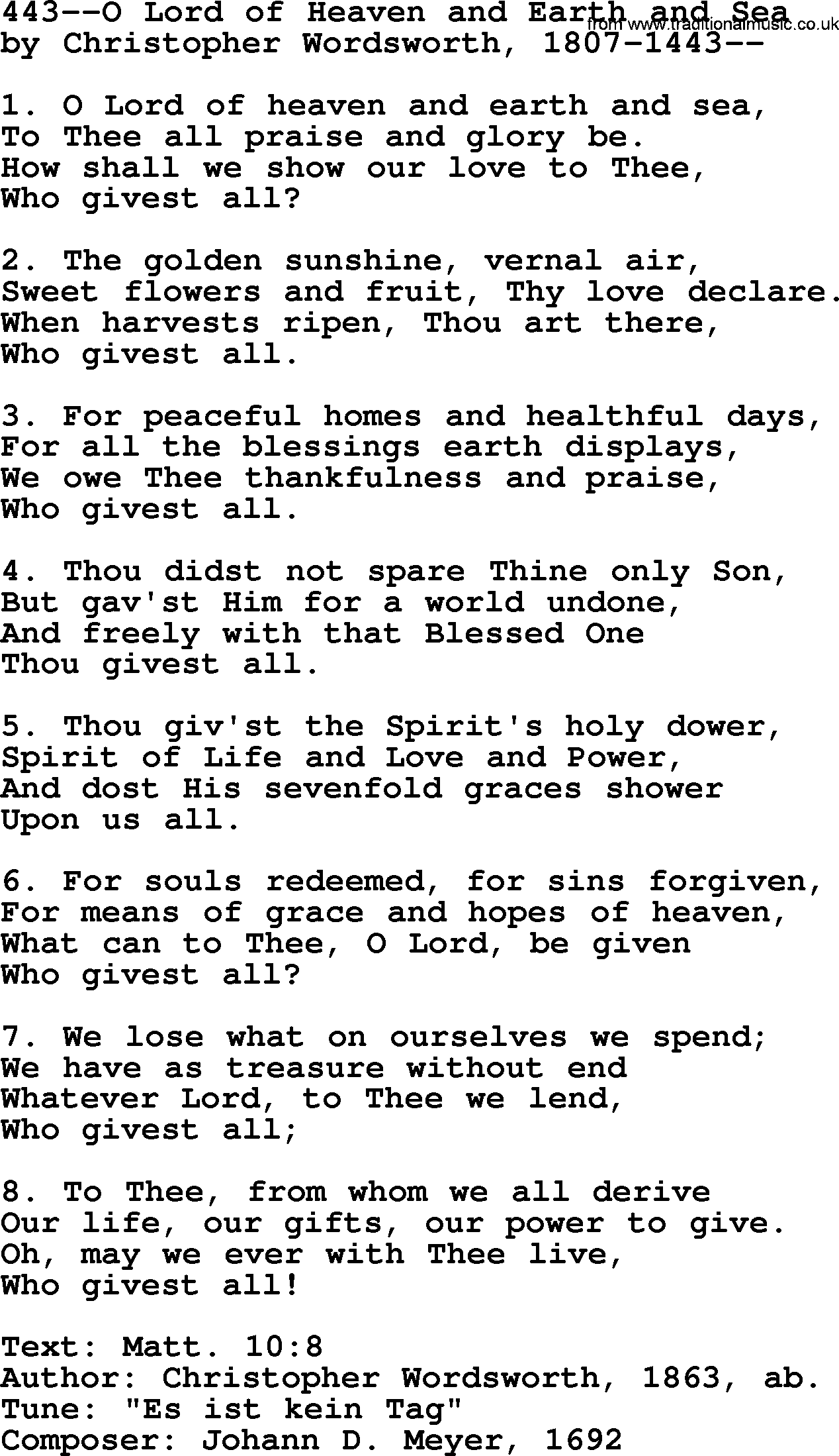 Lutheran Hymn: 443--O Lord of Heaven and Earth and Sea.txt lyrics with PDF