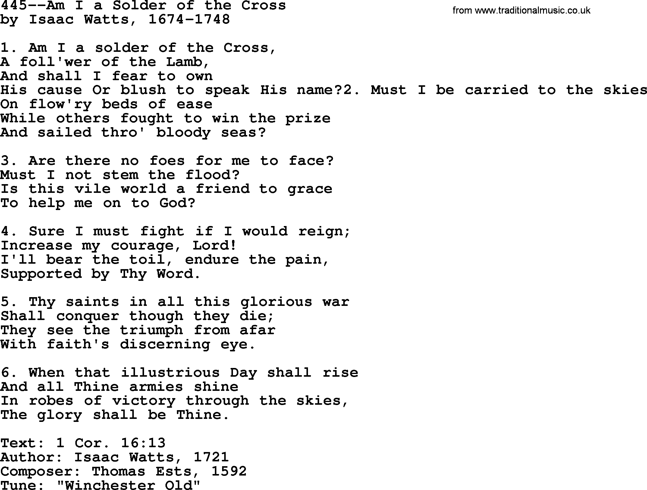 Lutheran Hymn: 445--Am I a Solder of the Cross.txt lyrics with PDF