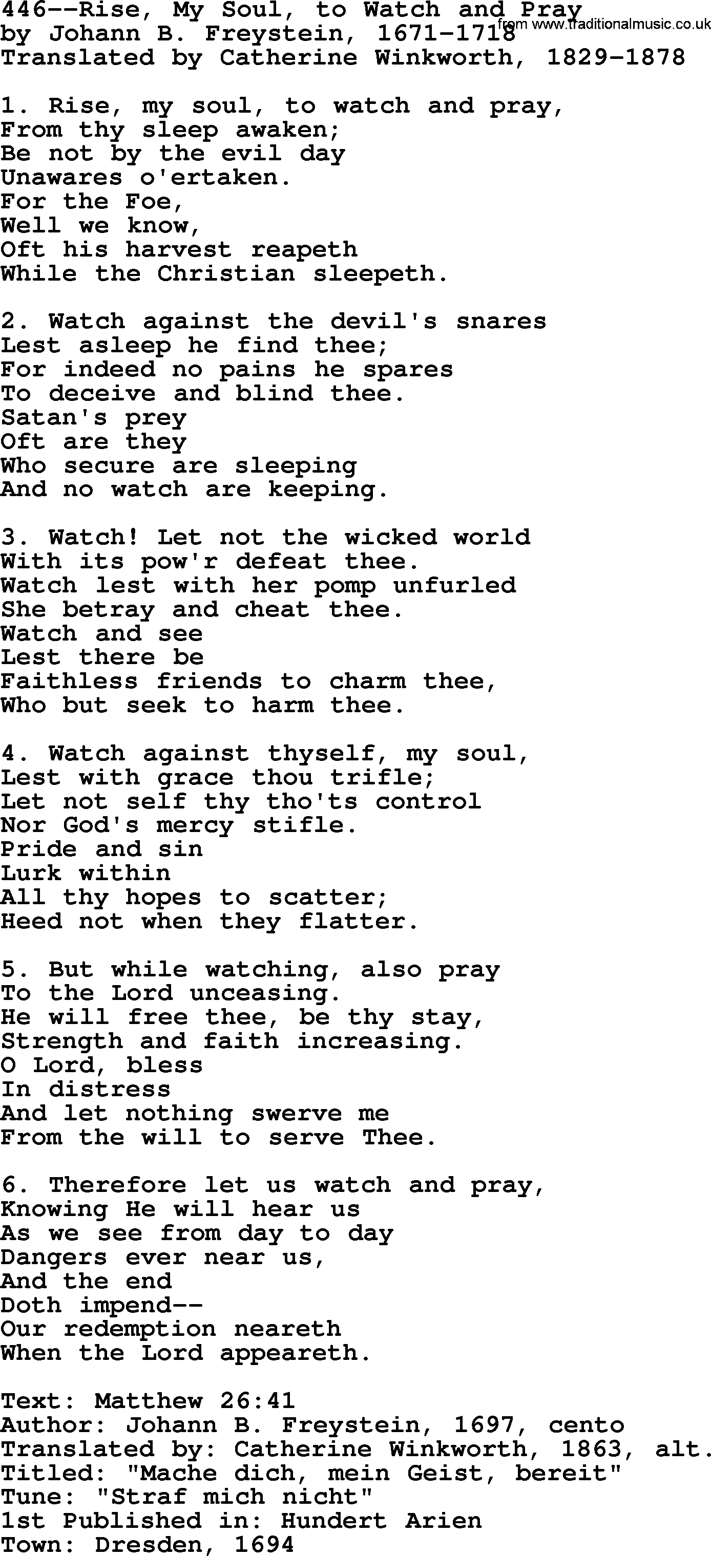 Lutheran Hymn: 446--Rise, My Soul, to Watch and Pray.txt lyrics with PDF