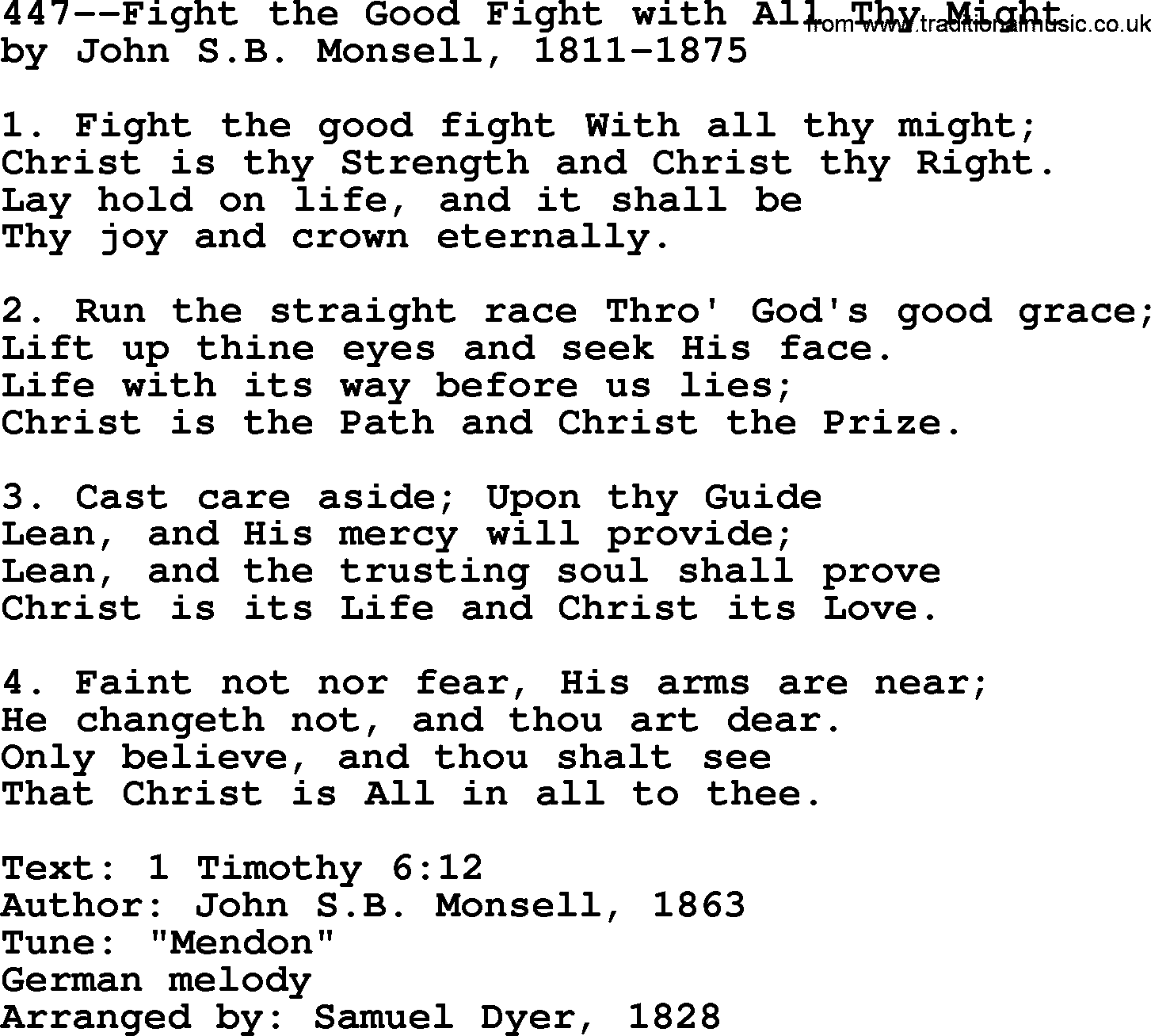 Lutheran Hymn: 447--Fight the Good Fight with All Thy Might.txt lyrics with PDF