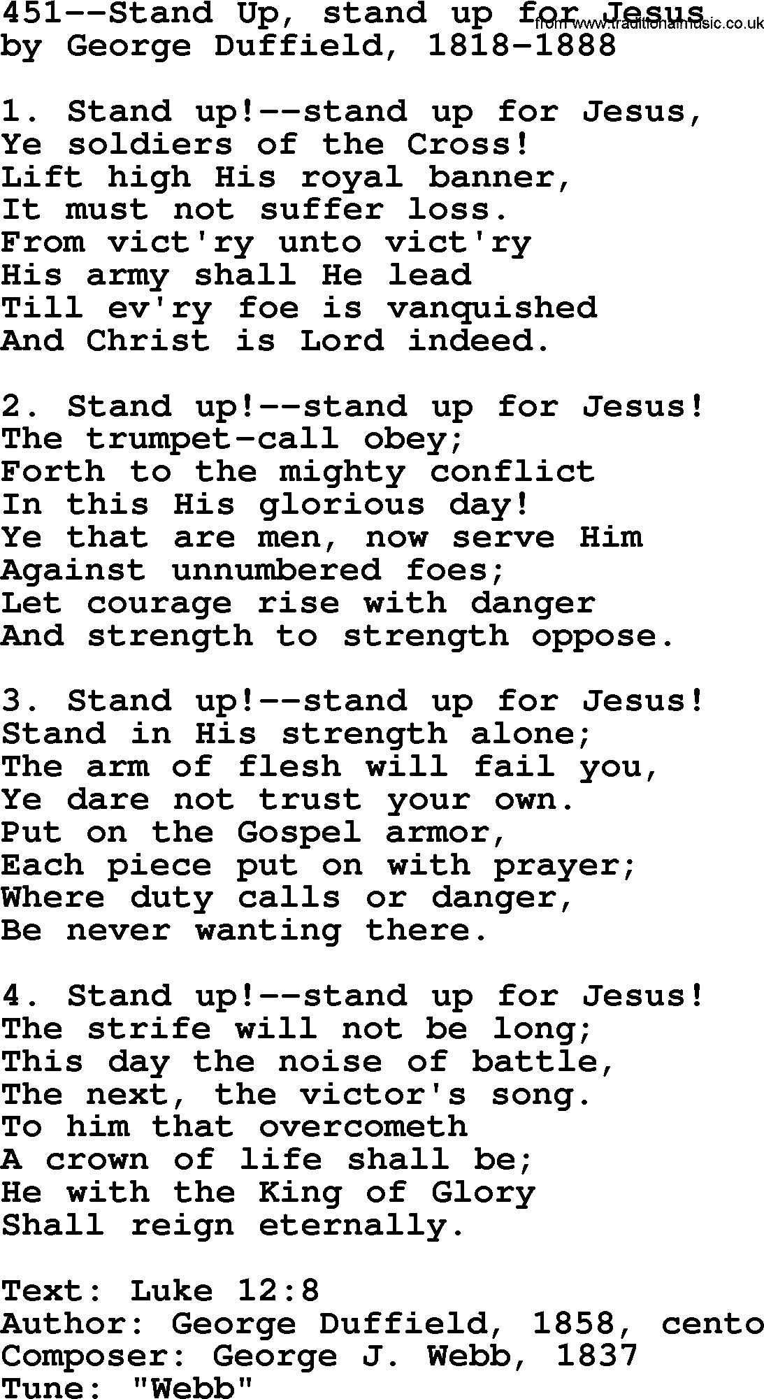 Lutheran Hymn: 451--Stand Up, stand up for Jesus.txt lyrics with PDF