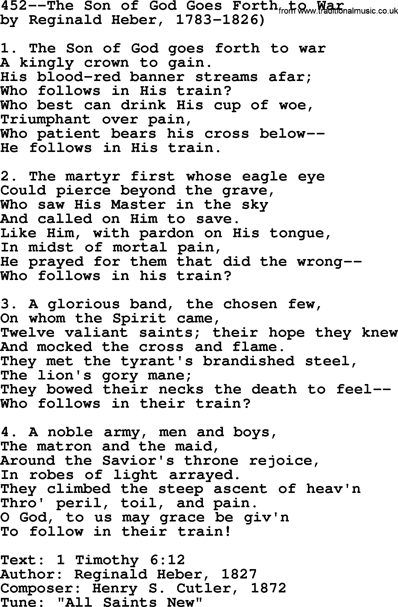 Lutheran Hymn: 452--The Son of God Goes Forth to War.txt lyrics with PDF