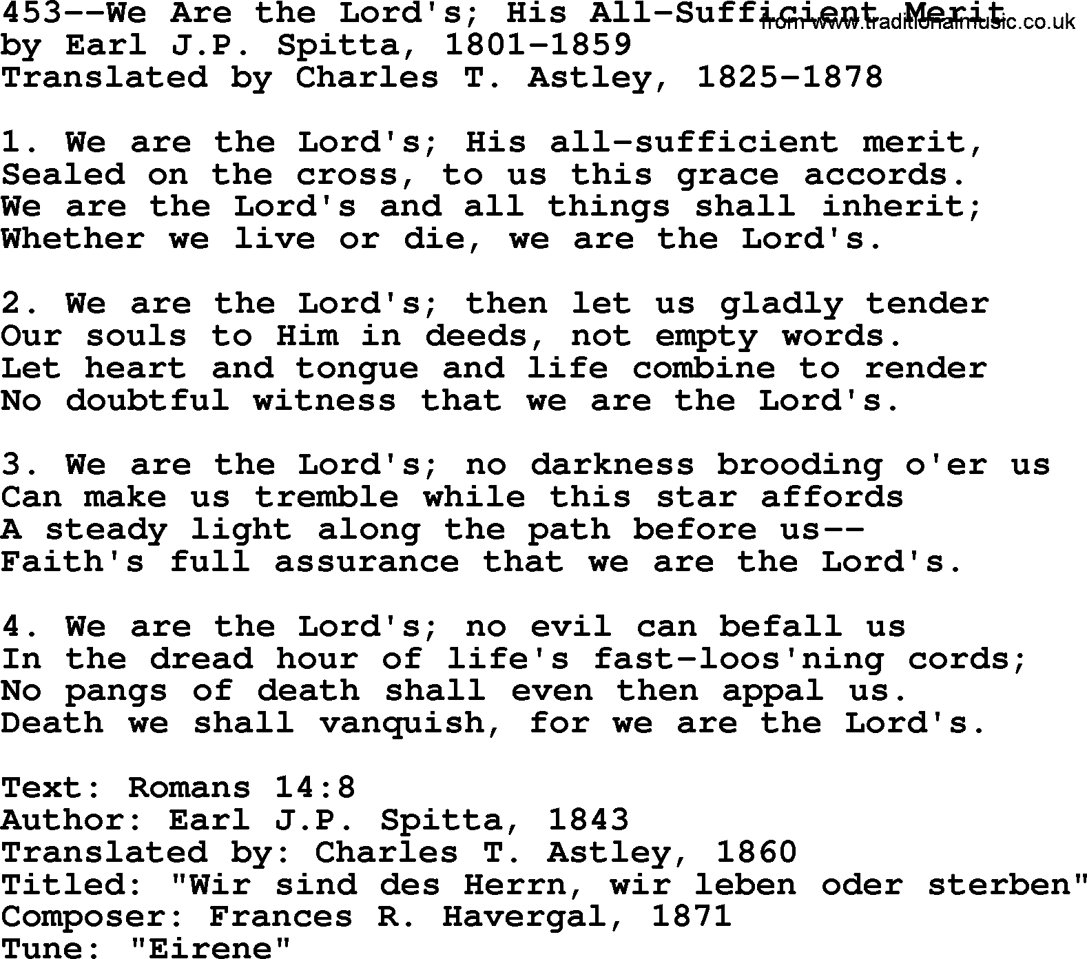 Lutheran Hymn: 453--We Are the Lord's; His All-Sufficient Merit.txt lyrics with PDF