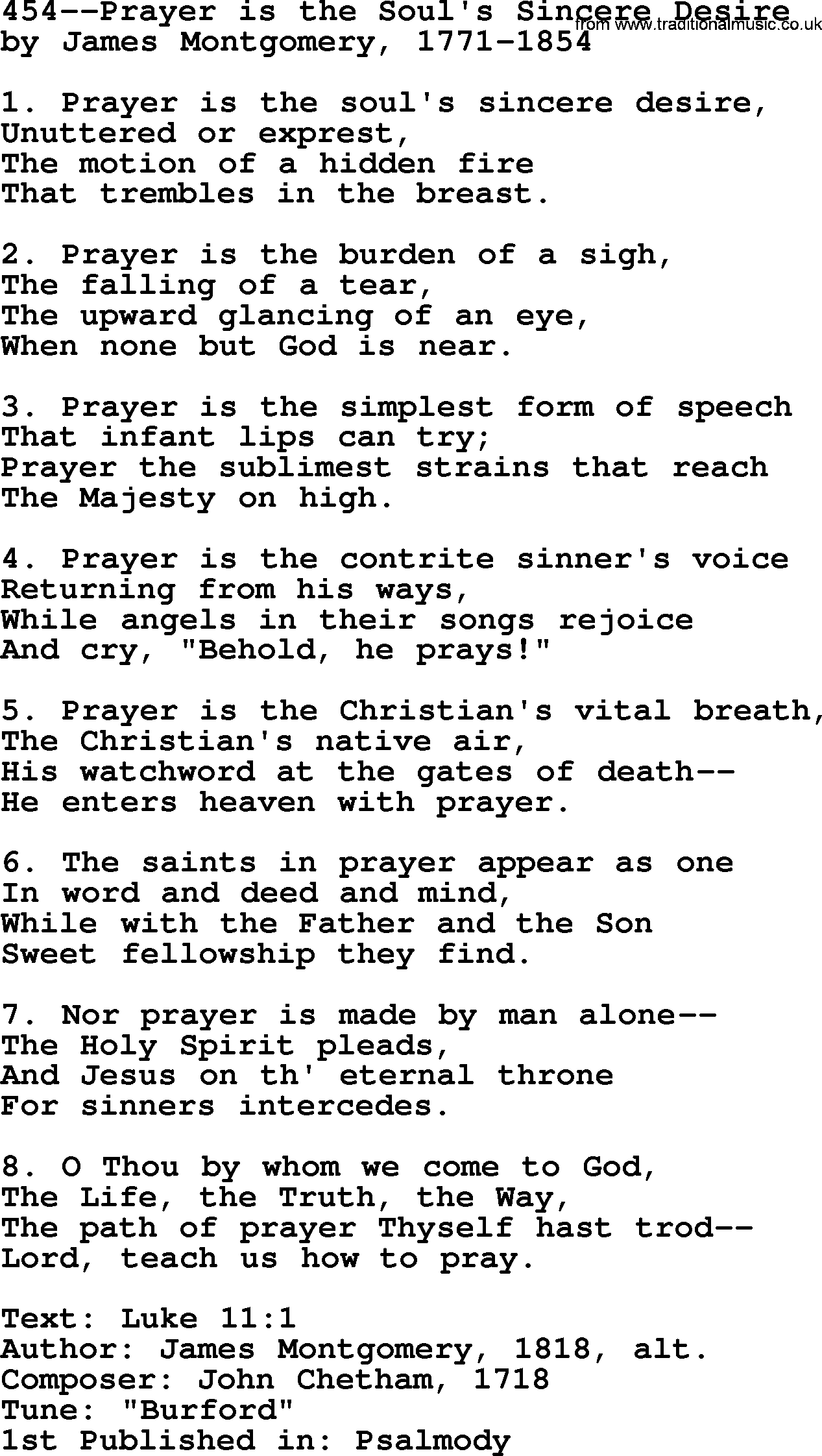 Lutheran Hymn: 454--Prayer is the Soul's Sincere Desire.txt lyrics with PDF