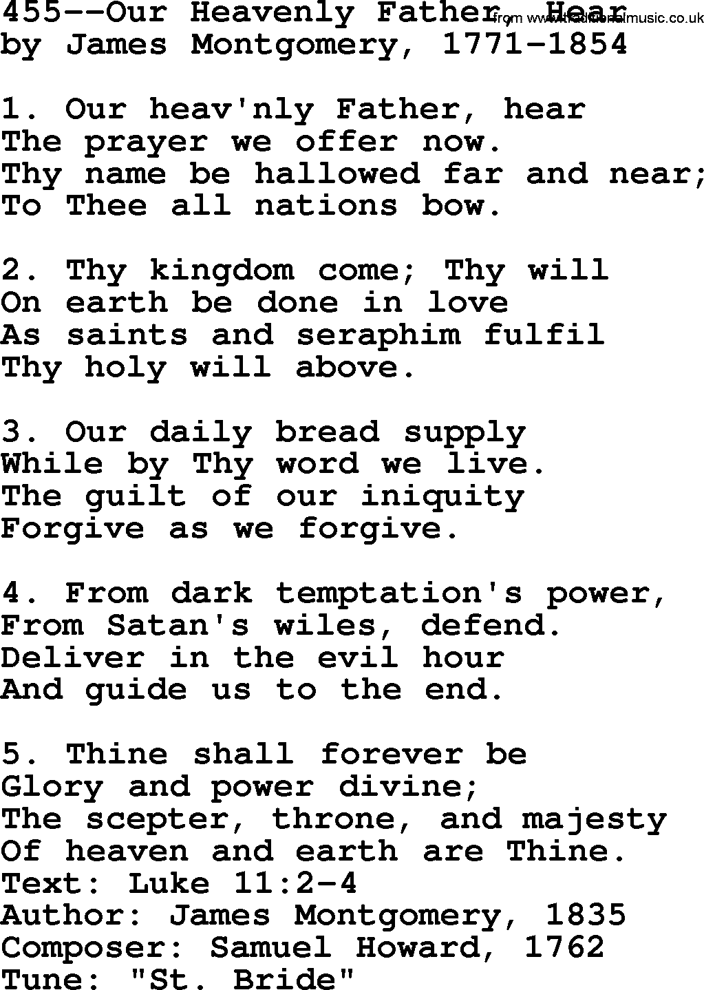 Lutheran Hymn: 455--Our Heavenly Father, Hear.txt lyrics with PDF