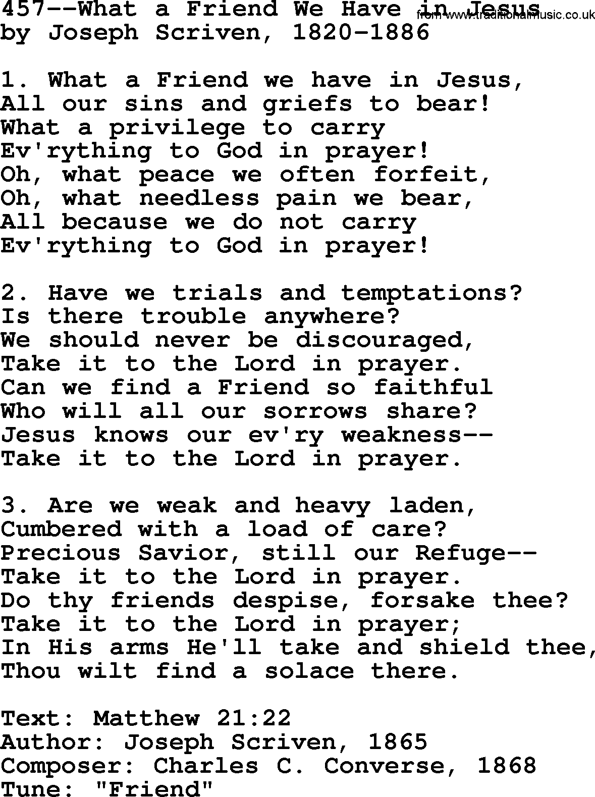 Lutheran Hymn: 457--What a Friend We Have in Jesus.txt lyrics with PDF