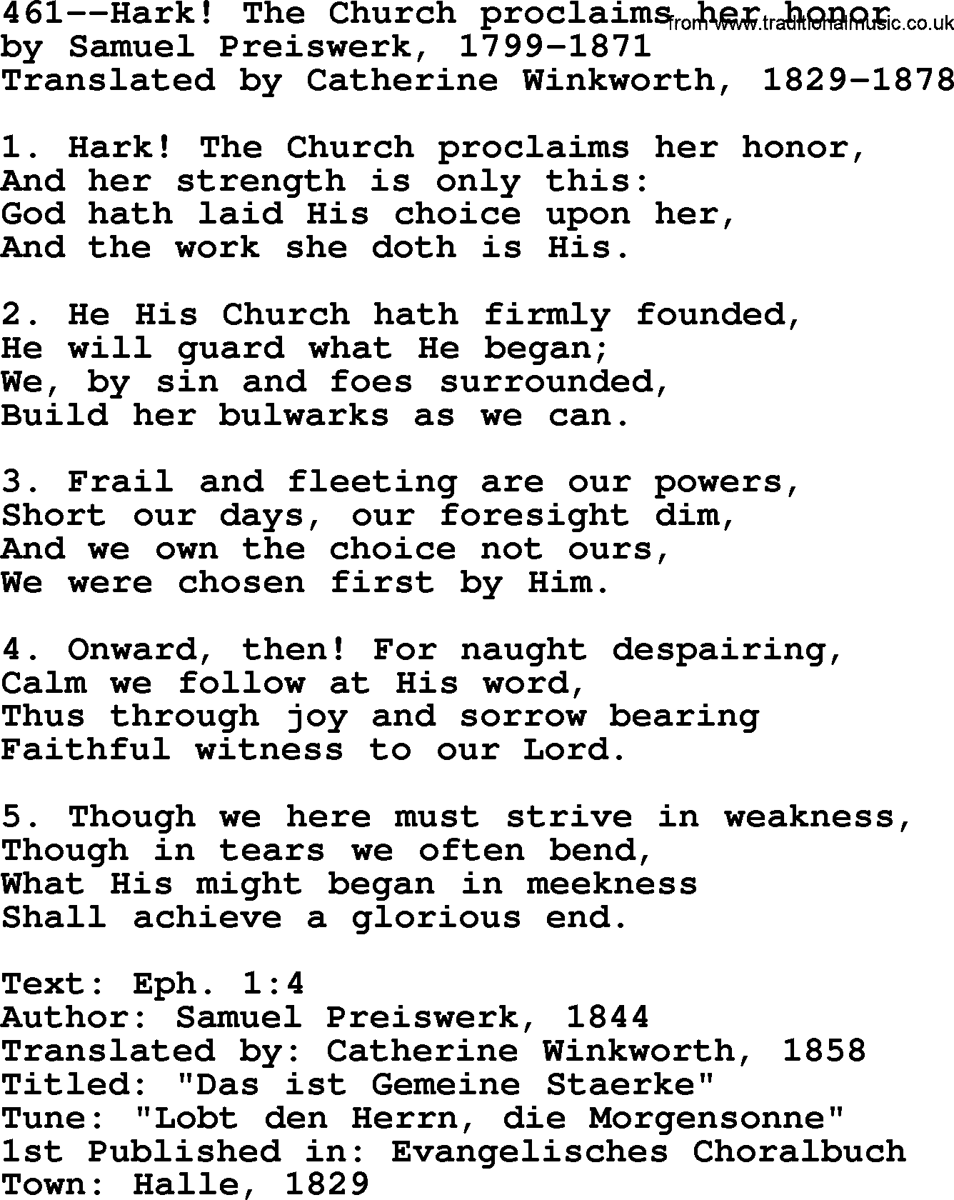 Lutheran Hymn: 461--Hark! The Church proclaims her honor.txt lyrics with PDF