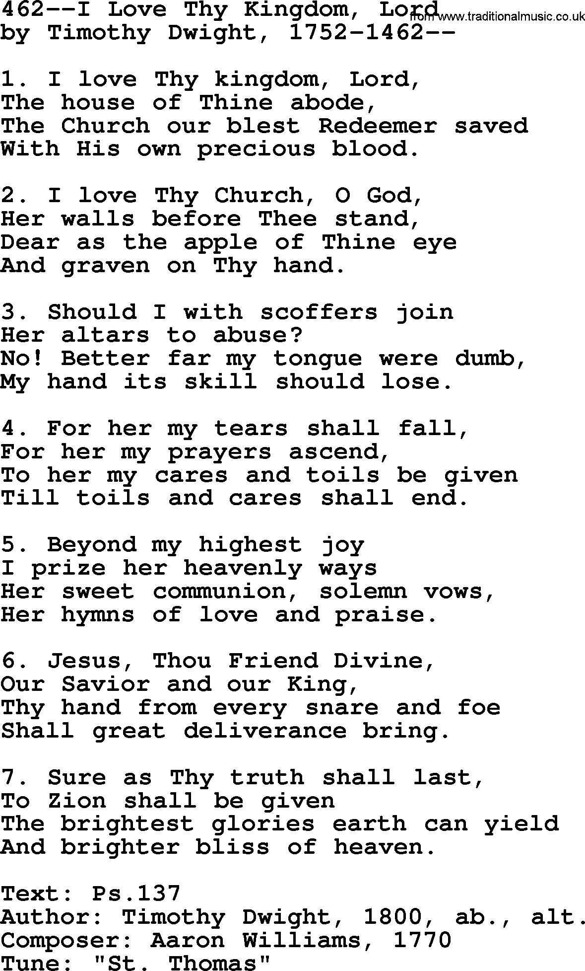 Lutheran Hymn: 462--I Love Thy Kingdom, Lord.txt lyrics with PDF