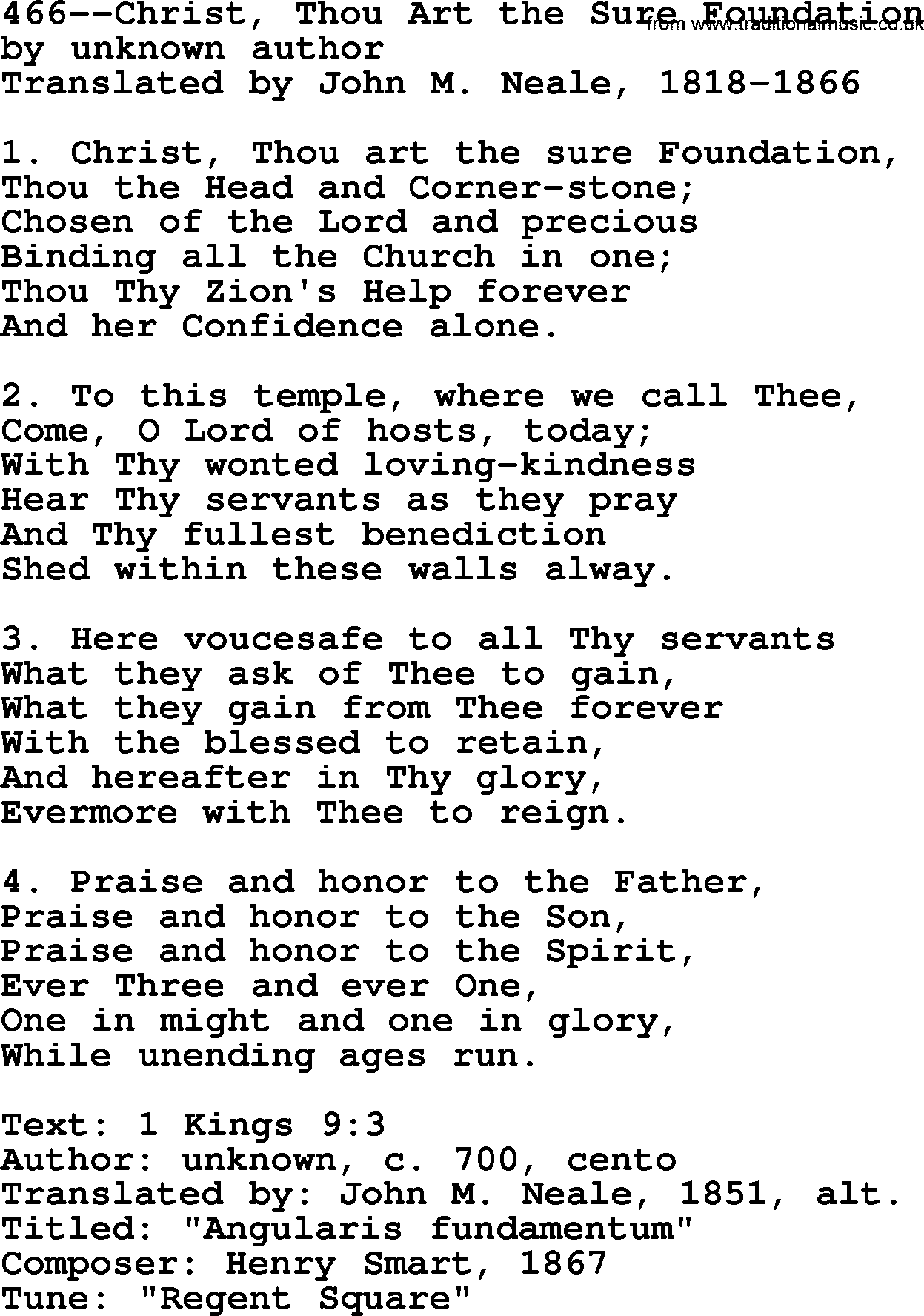 Lutheran Hymn: 466--Christ, Thou Art the Sure Foundation.txt lyrics with PDF