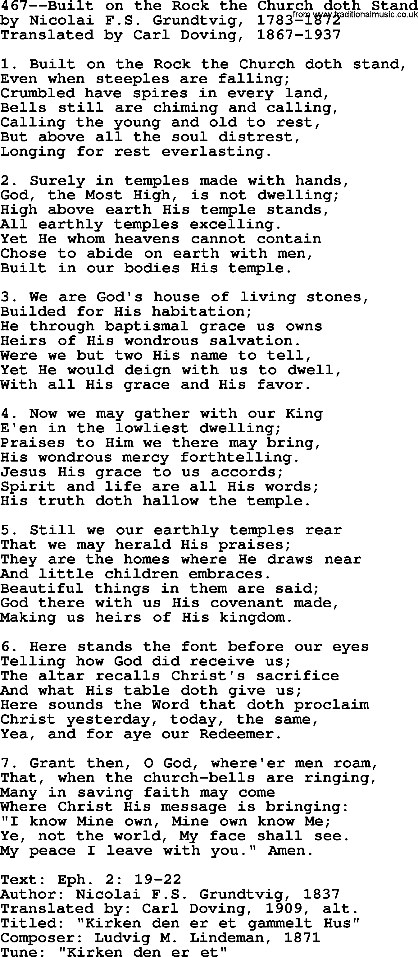 Lutheran Hymn: 467--Built on the Rock the Church doth Stand.txt lyrics with PDF