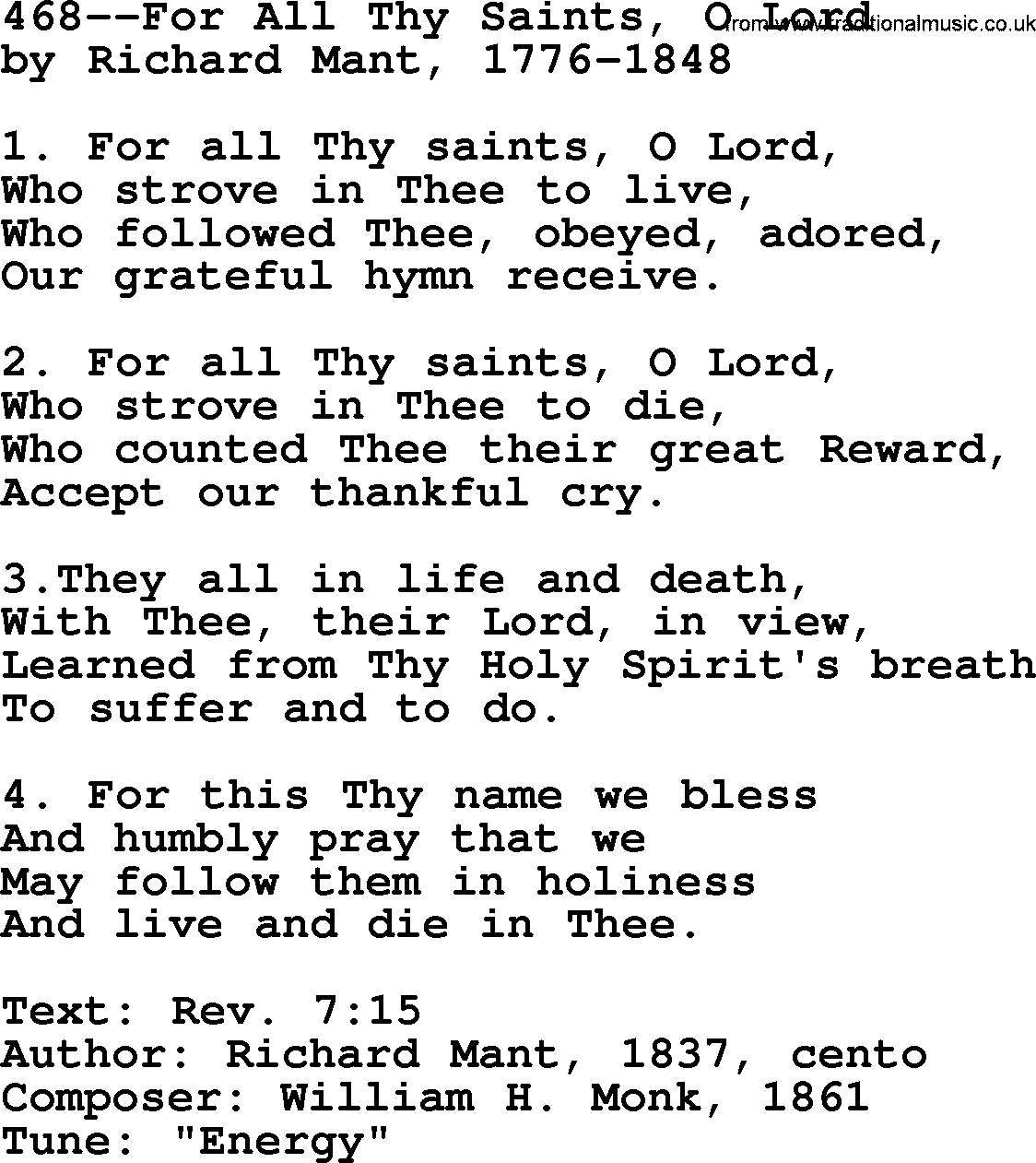 Lutheran Hymn: 468--For All Thy Saints, O Lord.txt lyrics with PDF