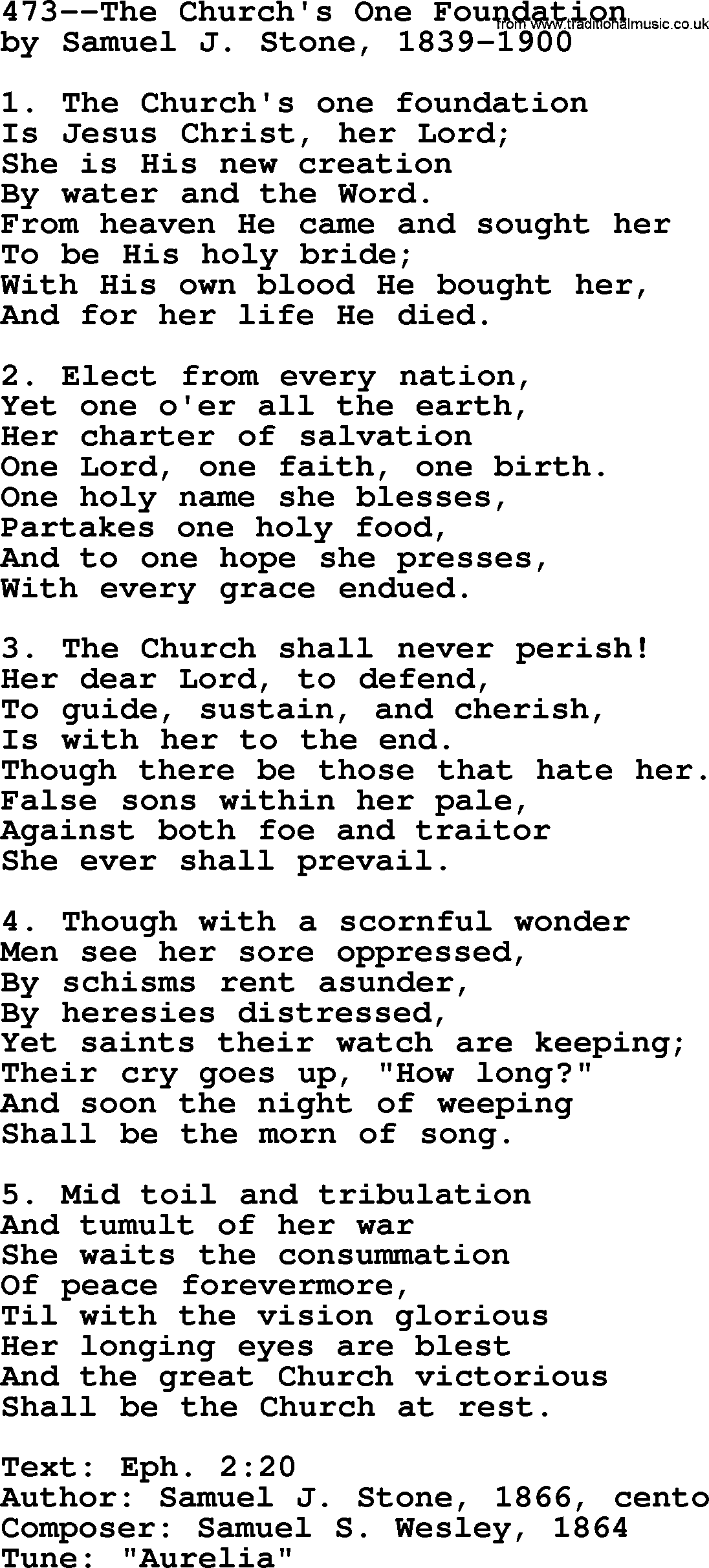 Lutheran Hymn: 473--The Church's One Foundation.txt lyrics with PDF