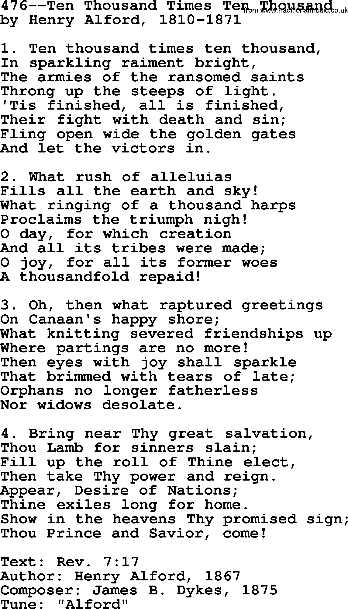Lutheran Hymn: 476--Ten Thousand Times Ten Thousand.txt lyrics with PDF