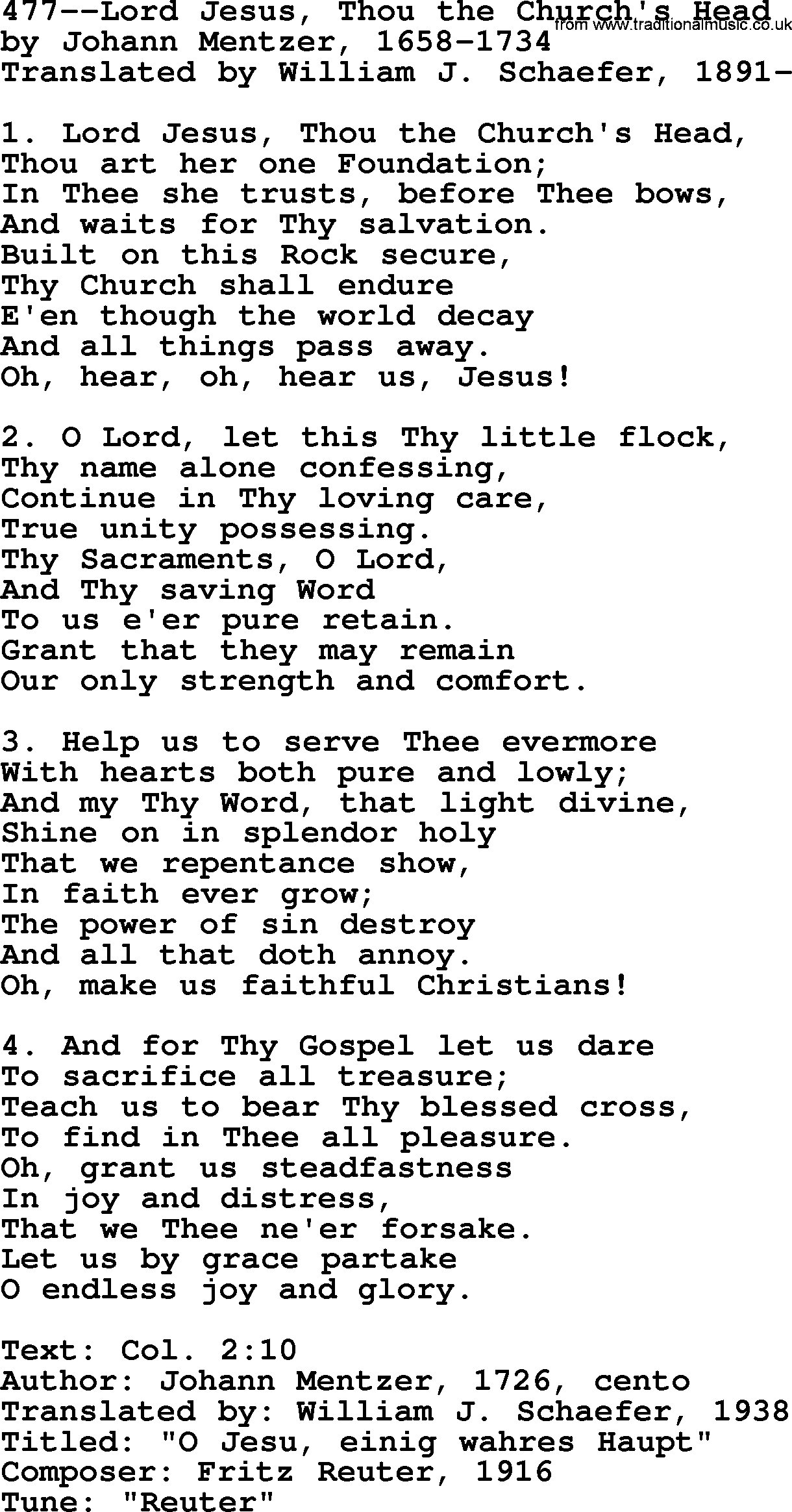 Lutheran Hymn: 477--Lord Jesus, Thou the Church's Head.txt lyrics with PDF