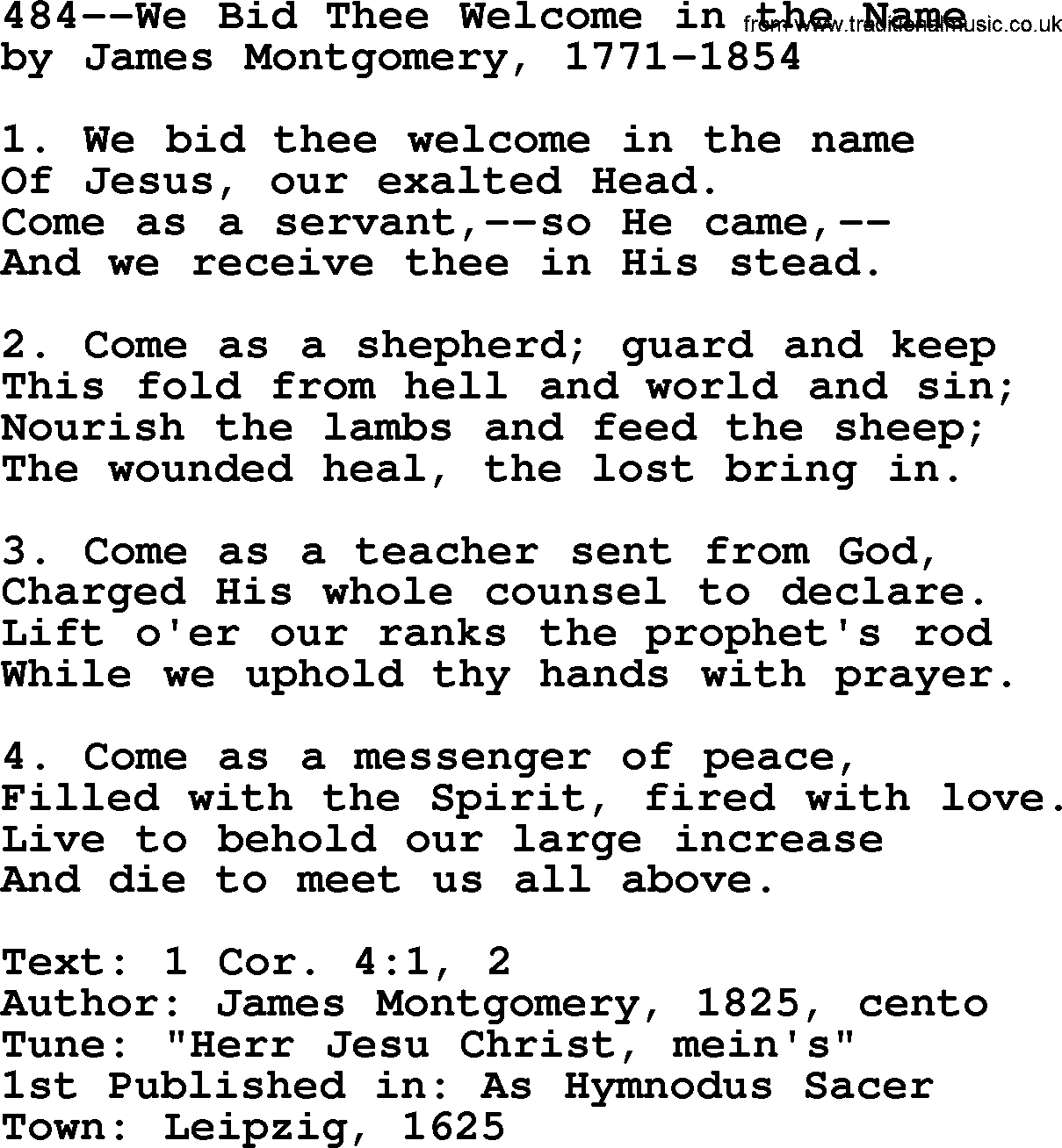 Lutheran Hymn: 484--We Bid Thee Welcome in the Name.txt lyrics with PDF