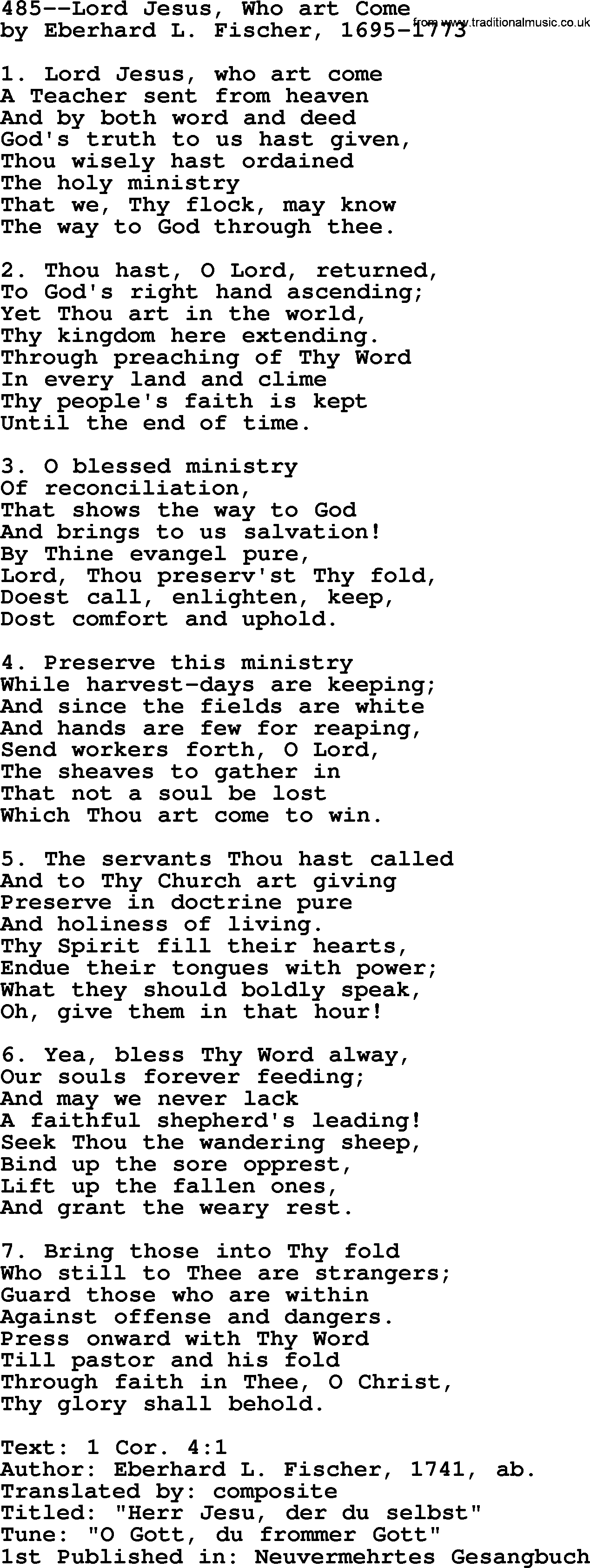 Lutheran Hymn: 485--Lord Jesus, Who art Come.txt lyrics with PDF