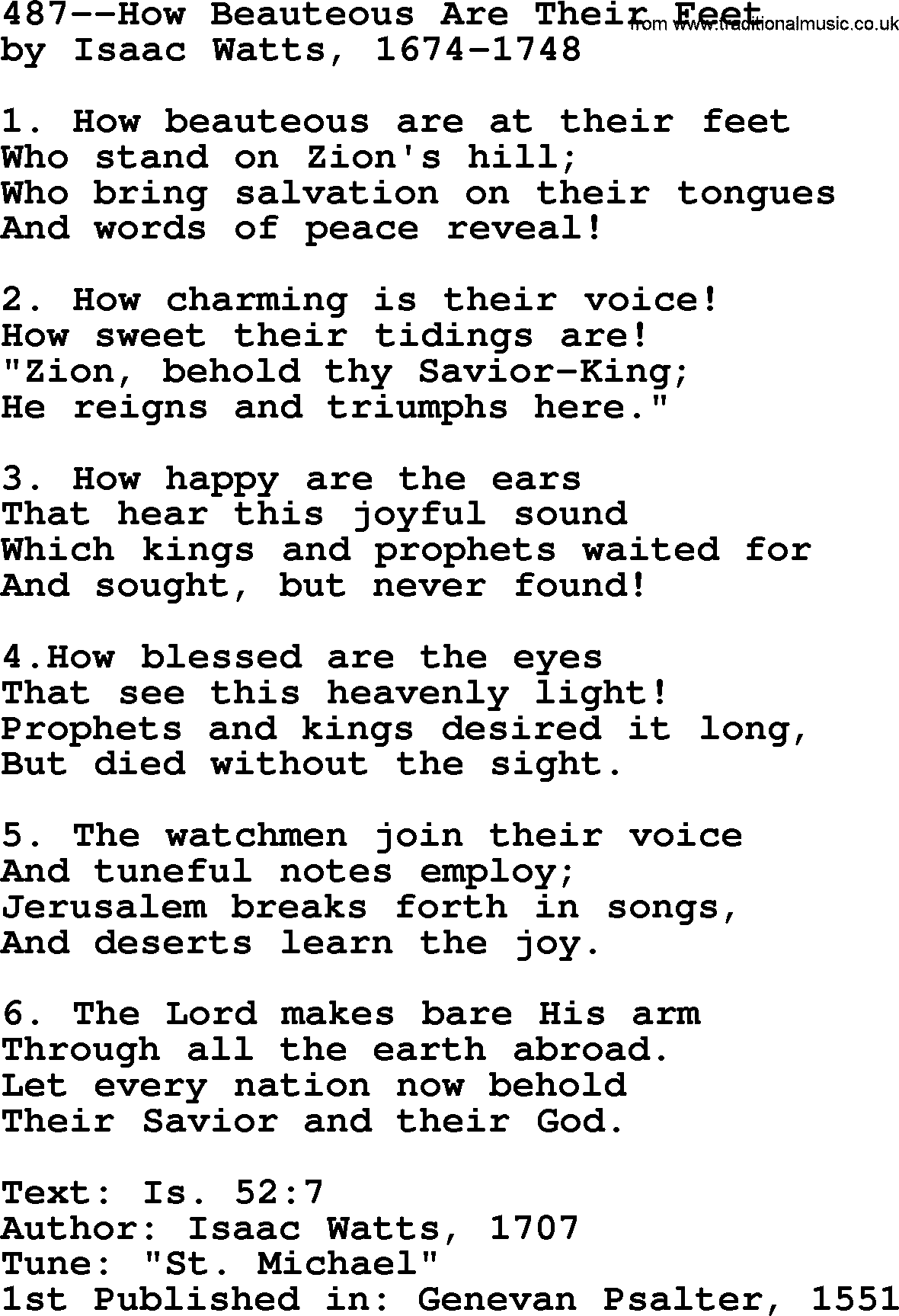 Lutheran Hymn: 487--How Beauteous Are Their Feet.txt lyrics with PDF