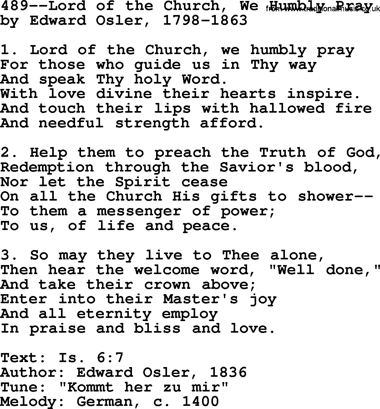 Lutheran Hymn: 489--Lord of the Church, We Humbly Pray.txt lyrics with PDF