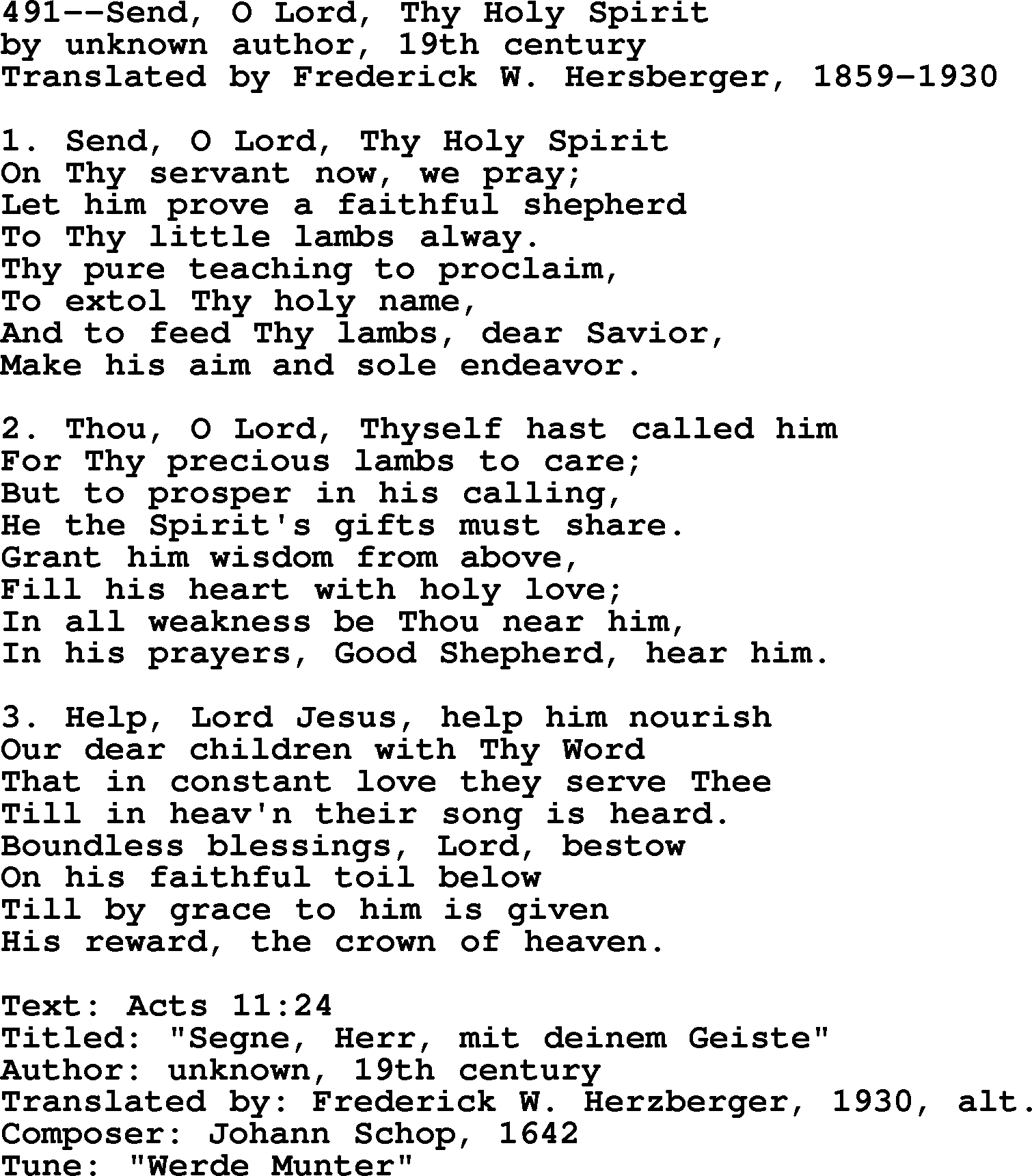 Lutheran Hymn: 491--Send, O Lord, Thy Holy Spirit.txt lyrics with PDF