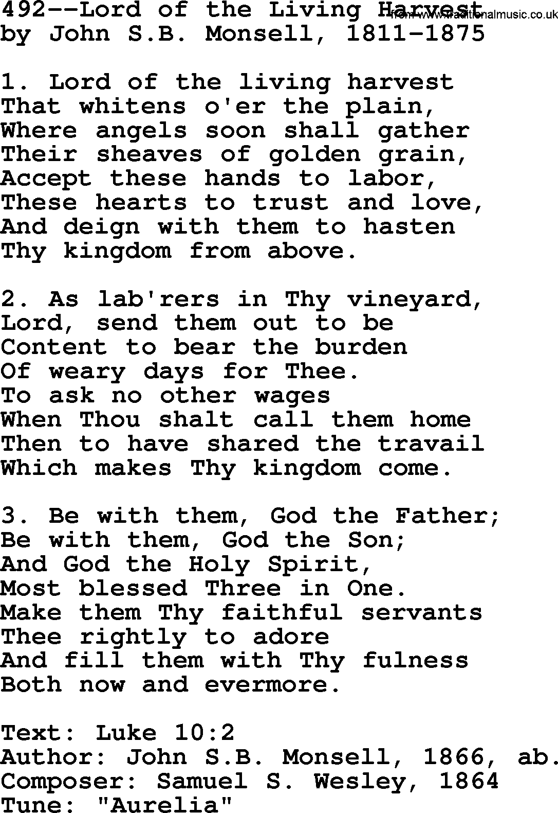 Lutheran Hymn: 492--Lord of the Living Harvest.txt lyrics with PDF