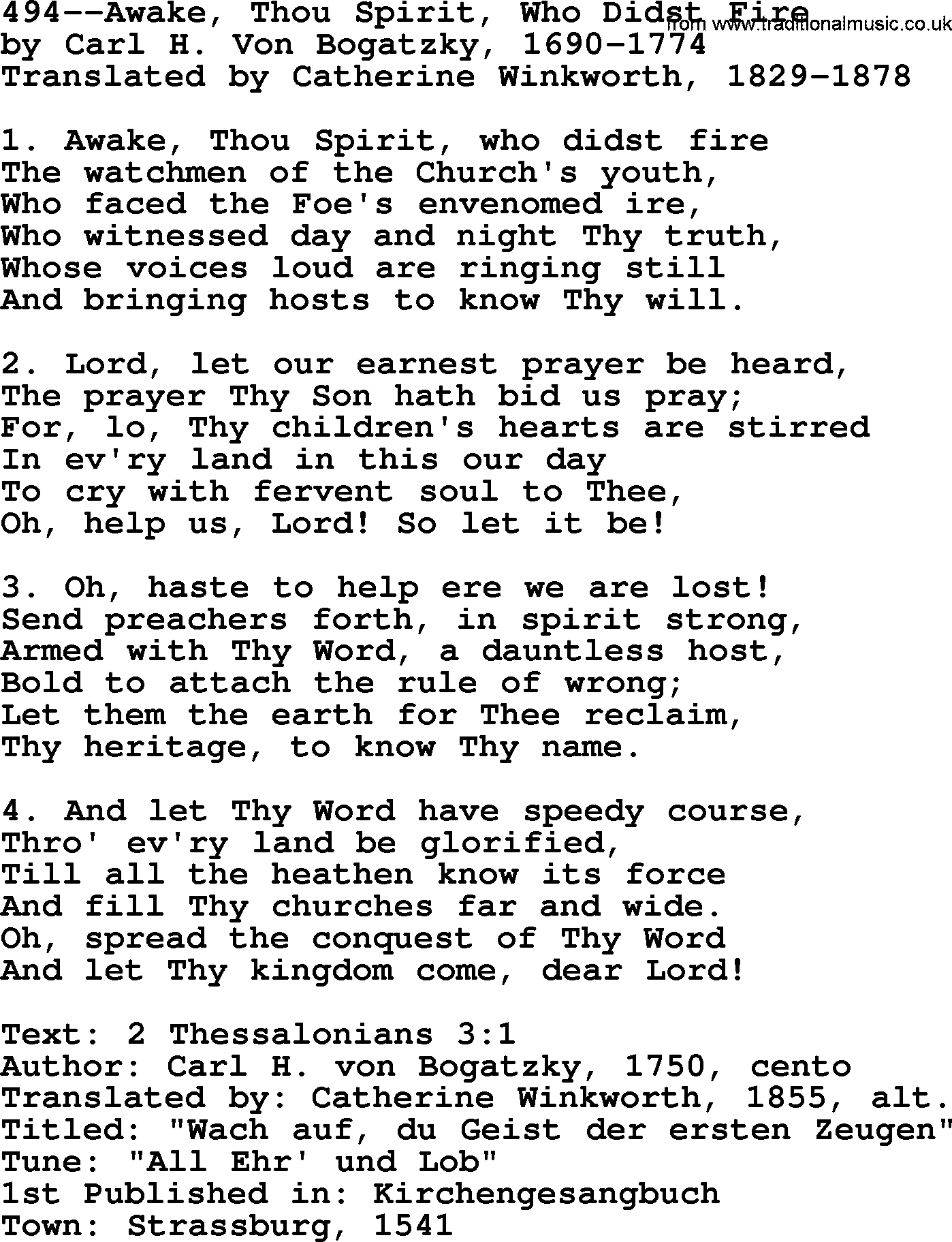 Lutheran Hymn: 494--Awake, Thou Spirit, Who Didst Fire.txt lyrics with PDF