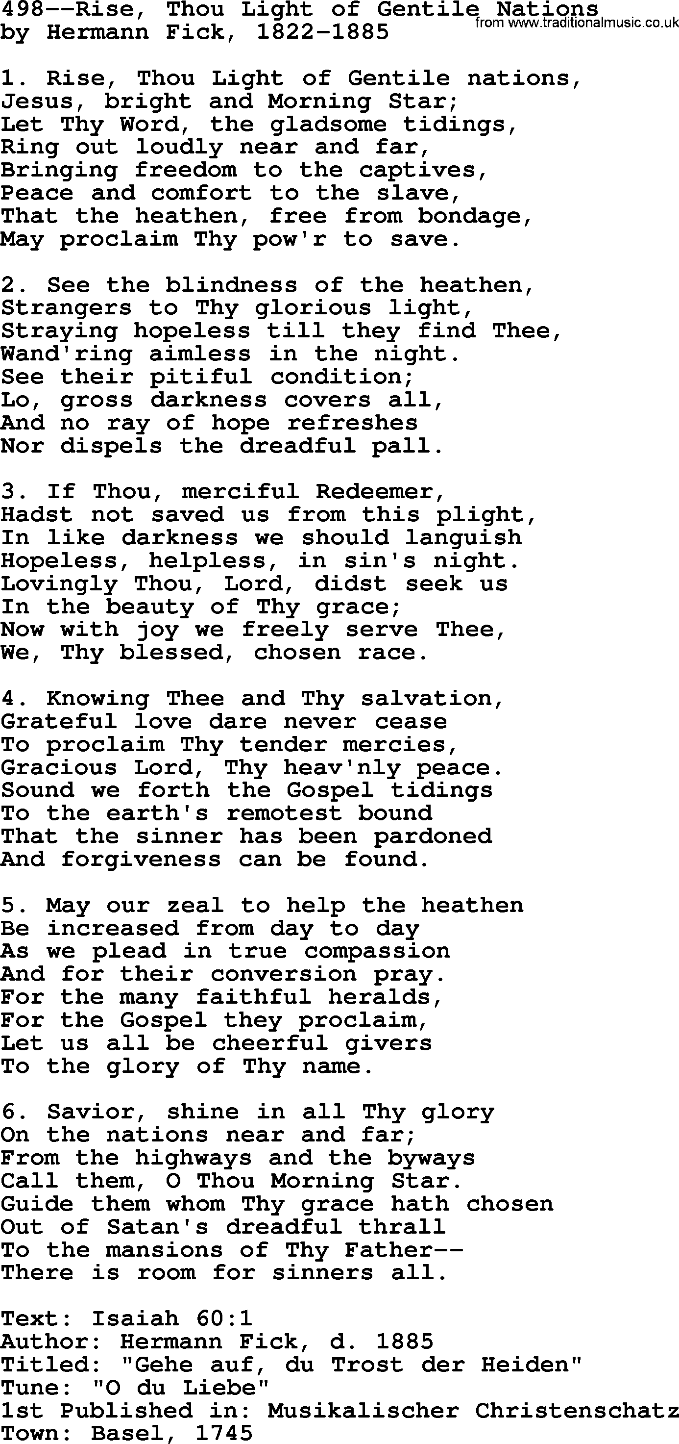 Lutheran Hymn: 498--Rise, Thou Light of Gentile Nations.txt lyrics with PDF
