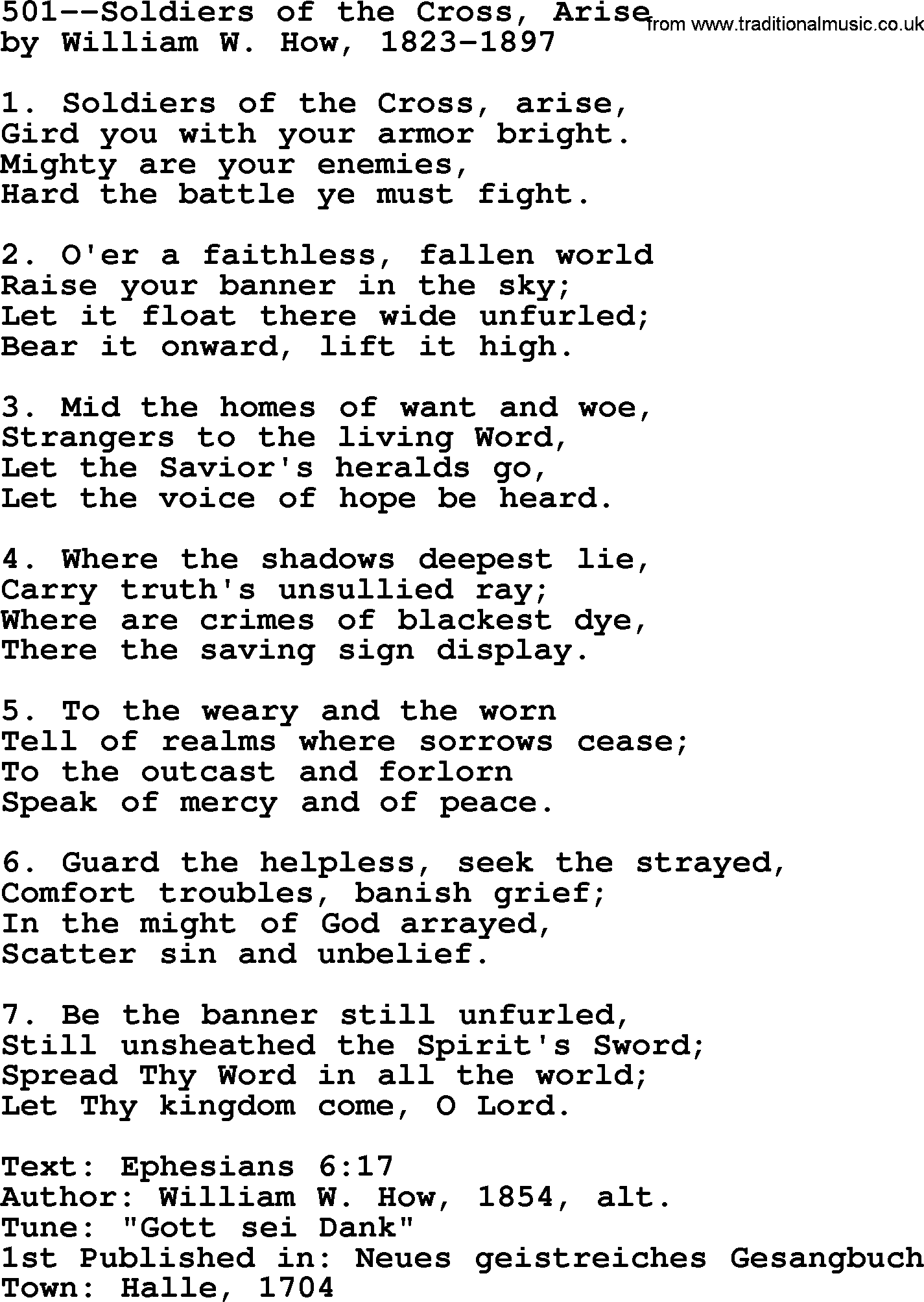 Lutheran Hymn: 501--Soldiers of the Cross, Arise.txt lyrics with PDF