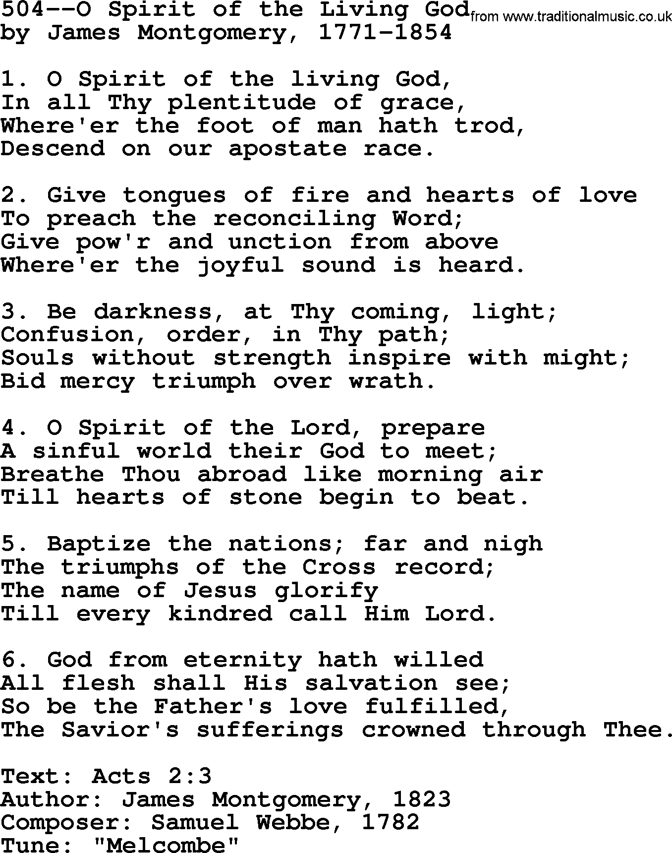 Lutheran Hymn: 504--O Spirit of the Living God.txt lyrics with PDF