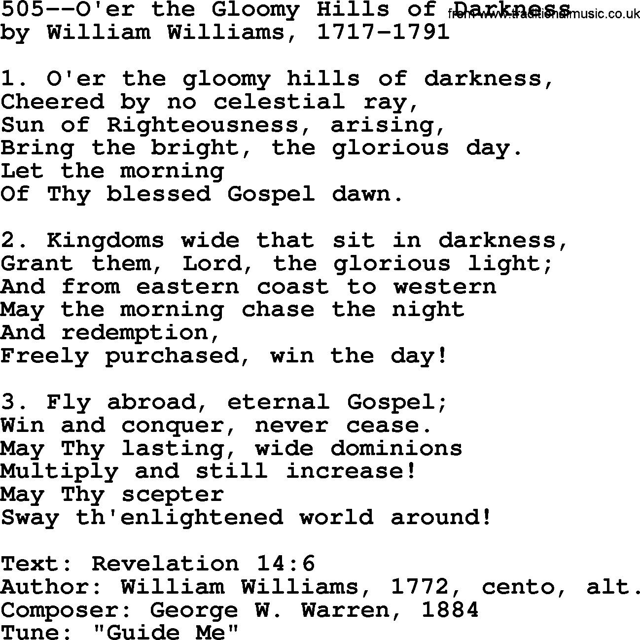 Lutheran Hymn: 505--O'er the Gloomy Hills of Darkness.txt lyrics with PDF