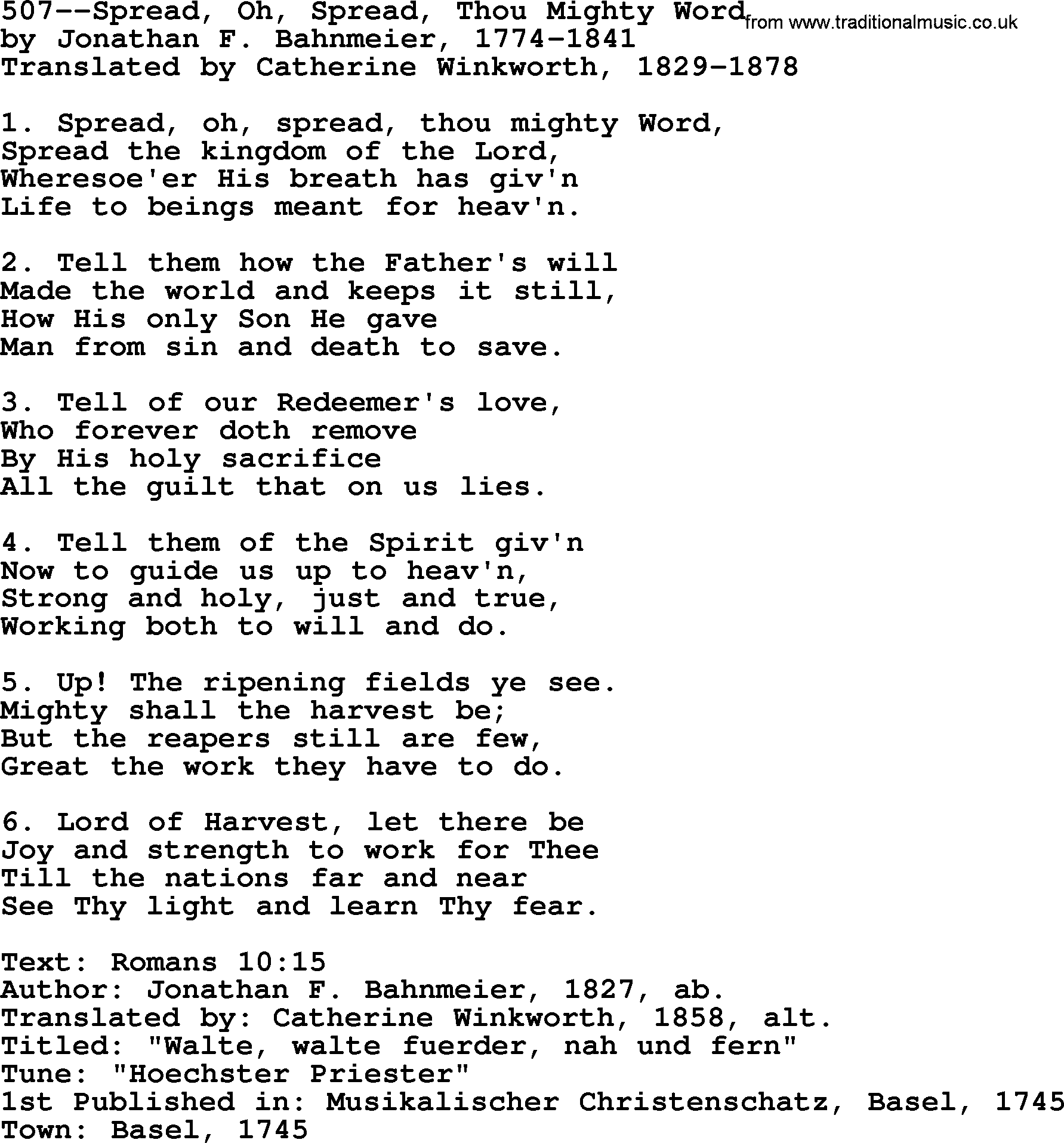 Lutheran Hymn: 507--Spread, Oh, Spread, Thou Mighty Word.txt lyrics with PDF
