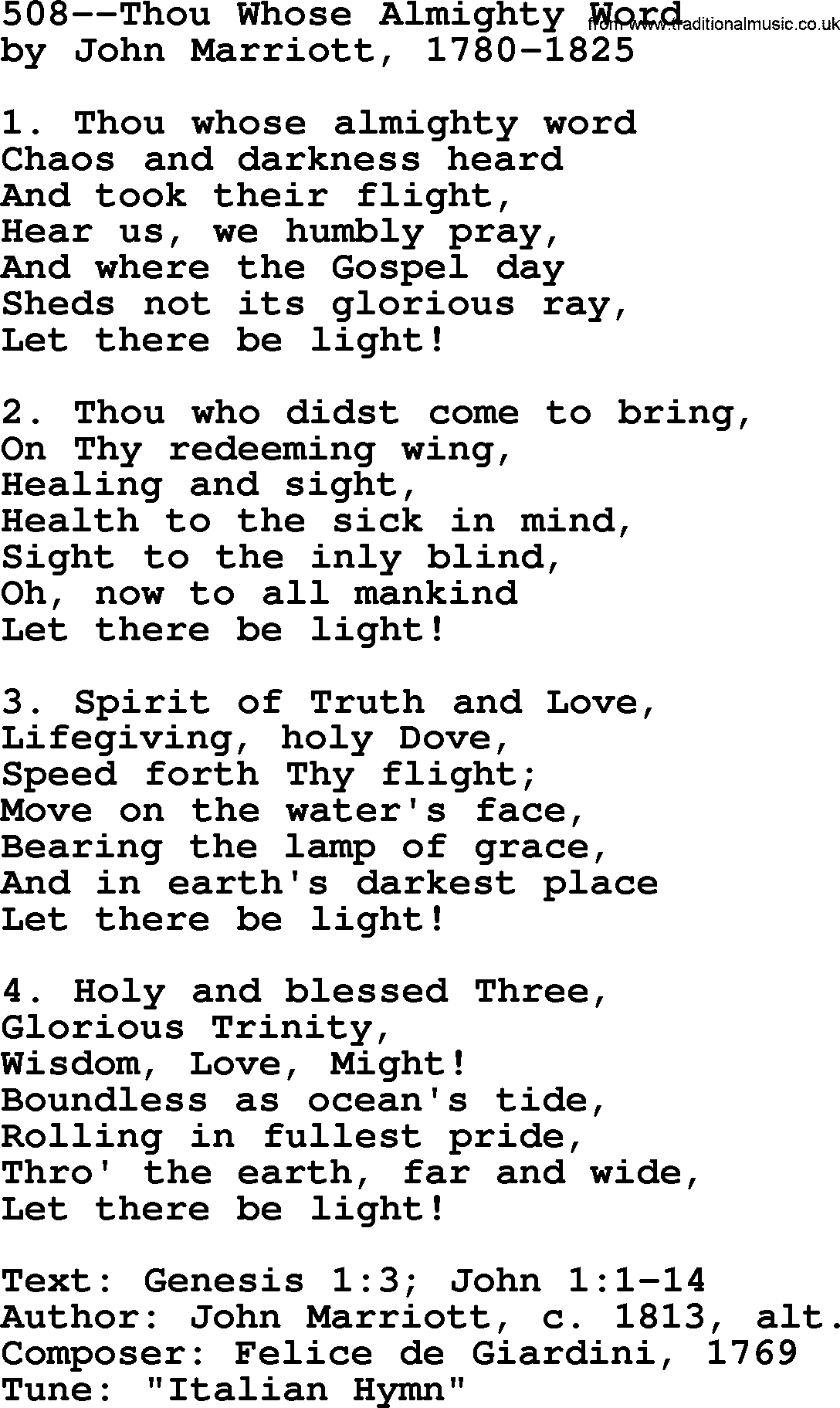 Lutheran Hymn: 508--Thou Whose Almighty Word.txt lyrics with PDF