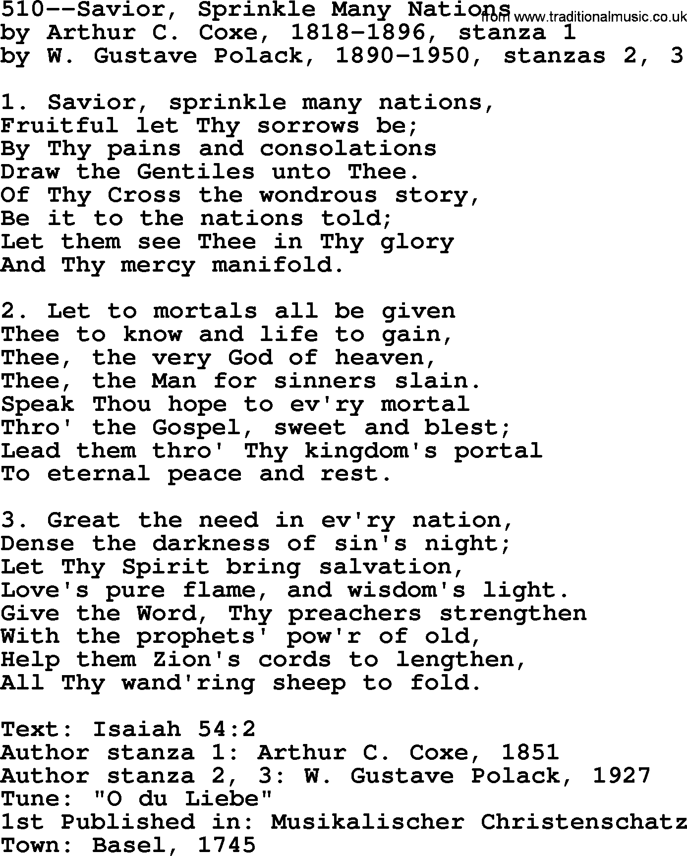 Lutheran Hymn: 510--Savior, Sprinkle Many Nations.txt lyrics with PDF