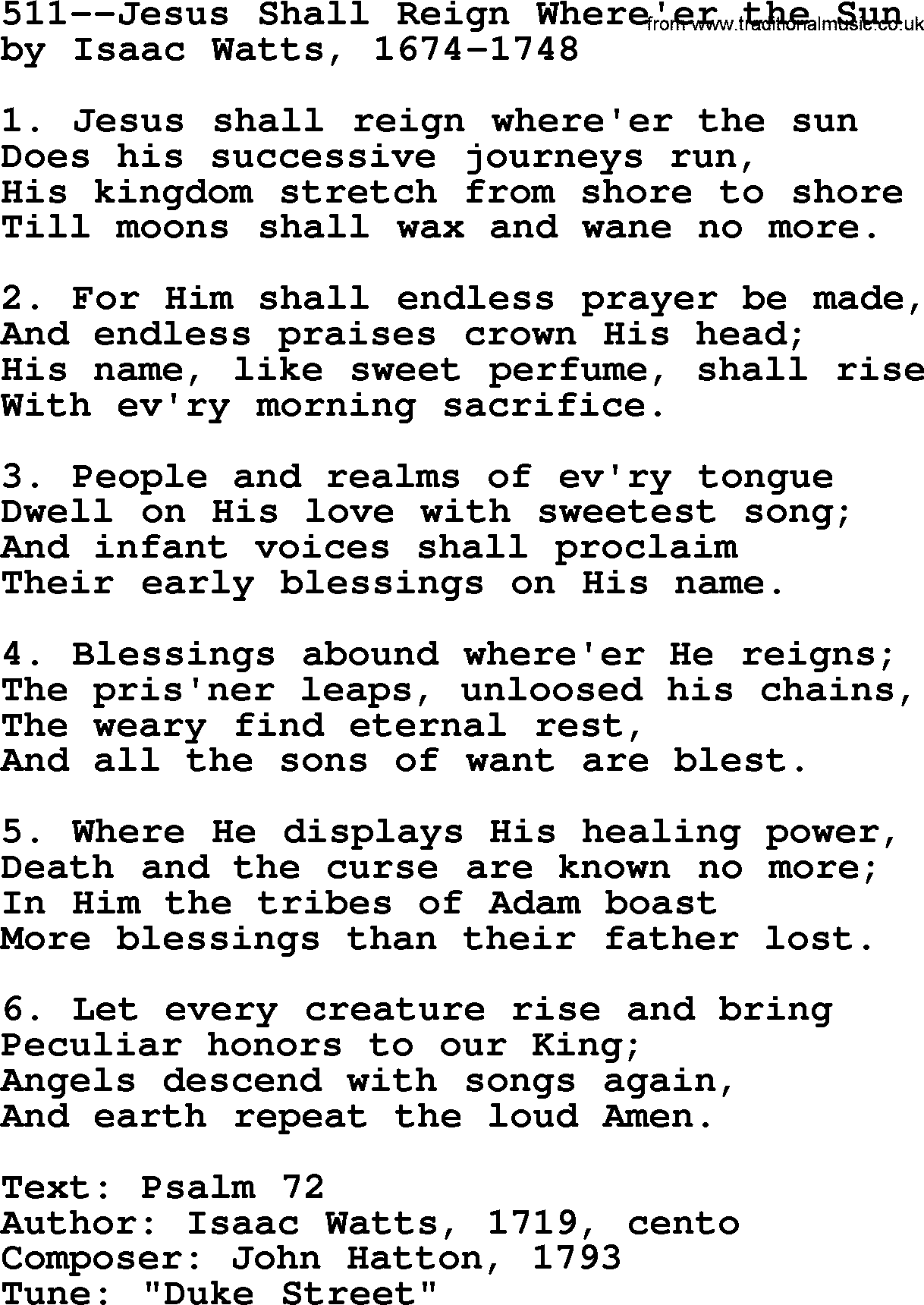 Lutheran Hymn: 511--Jesus Shall Reign Where'er the Sun.txt lyrics with PDF