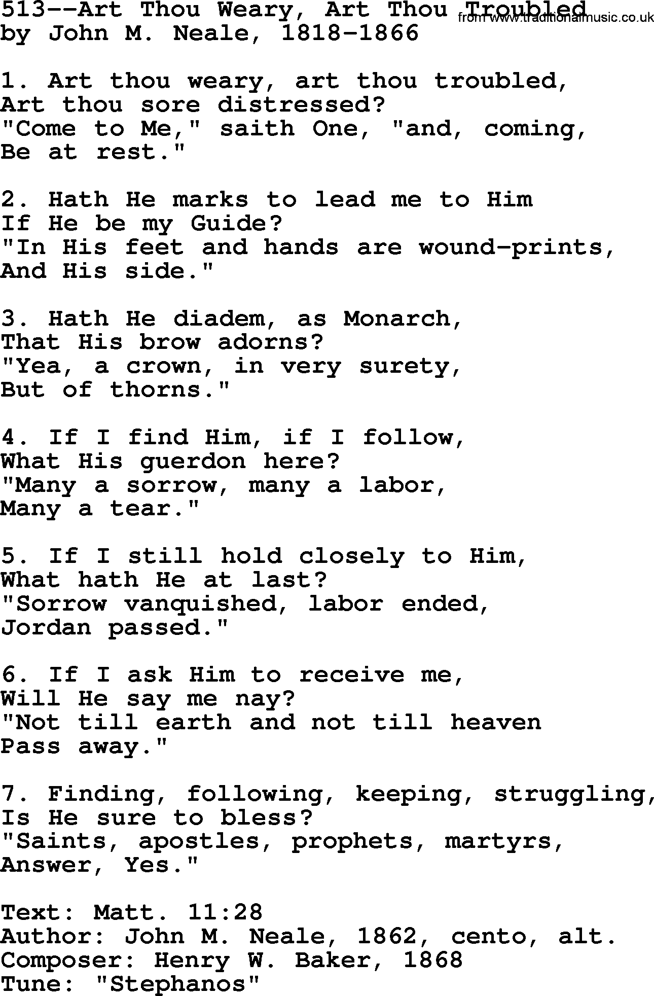 Lutheran Hymn: 513--Art Thou Weary, Art Thou Troubled.txt lyrics with PDF