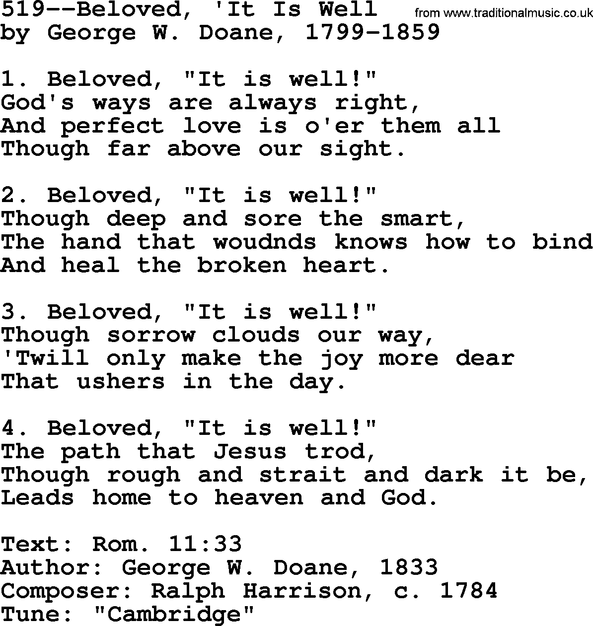 Lutheran Hymn: 519--Beloved, 'It Is Well.txt lyrics with PDF