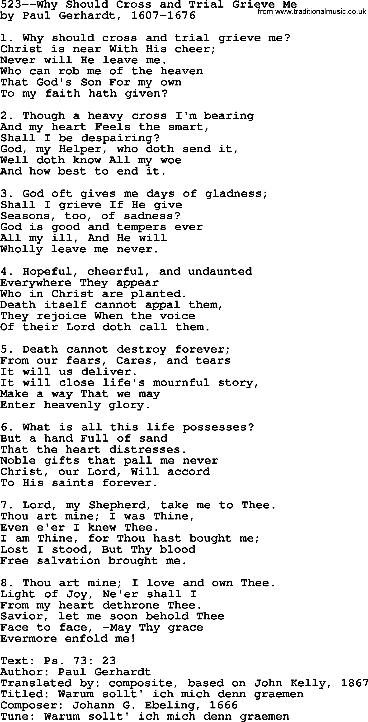 Lutheran Hymn: 523--Why Should Cross and Trial Grieve Me.txt lyrics with PDF