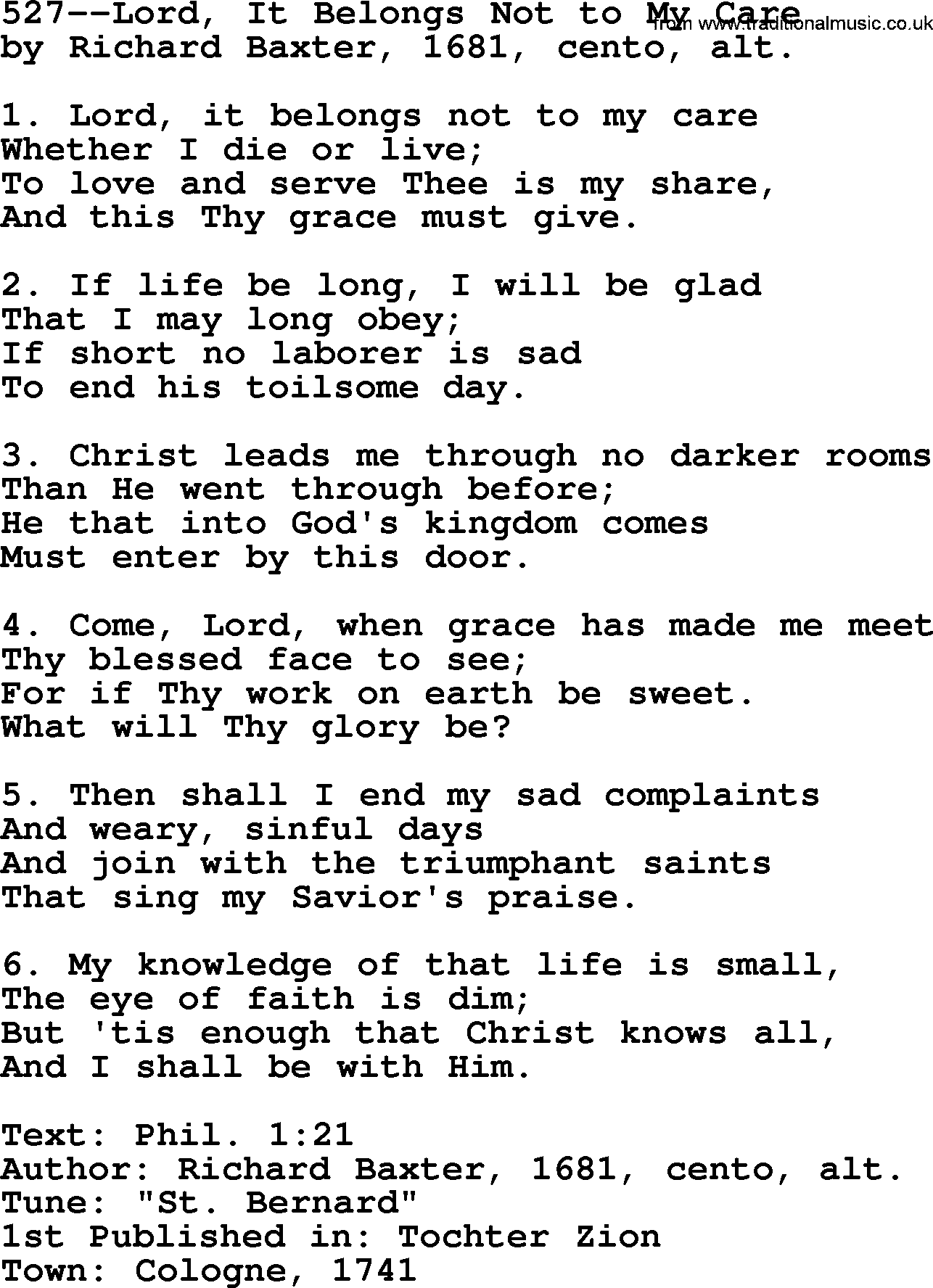 Lutheran Hymn: 527--Lord, It Belongs Not to My Care.txt lyrics with PDF