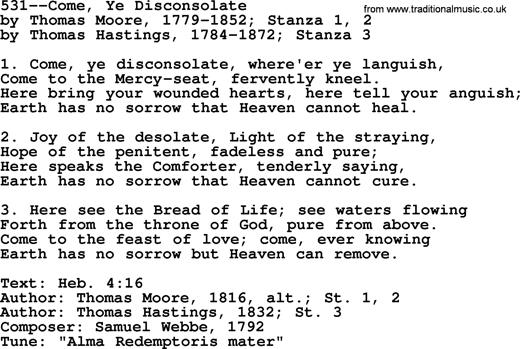 Lutheran Hymn: 531--Come, Ye Disconsolate.txt lyrics with PDF