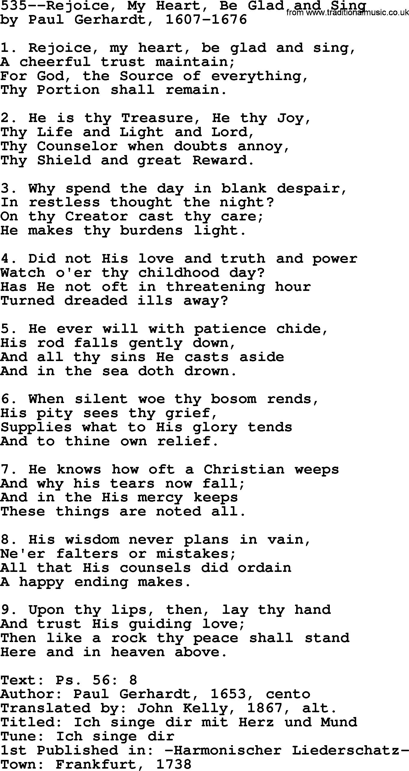 Lutheran Hymn: 535--Rejoice, My Heart, Be Glad and Sing.txt lyrics with PDF
