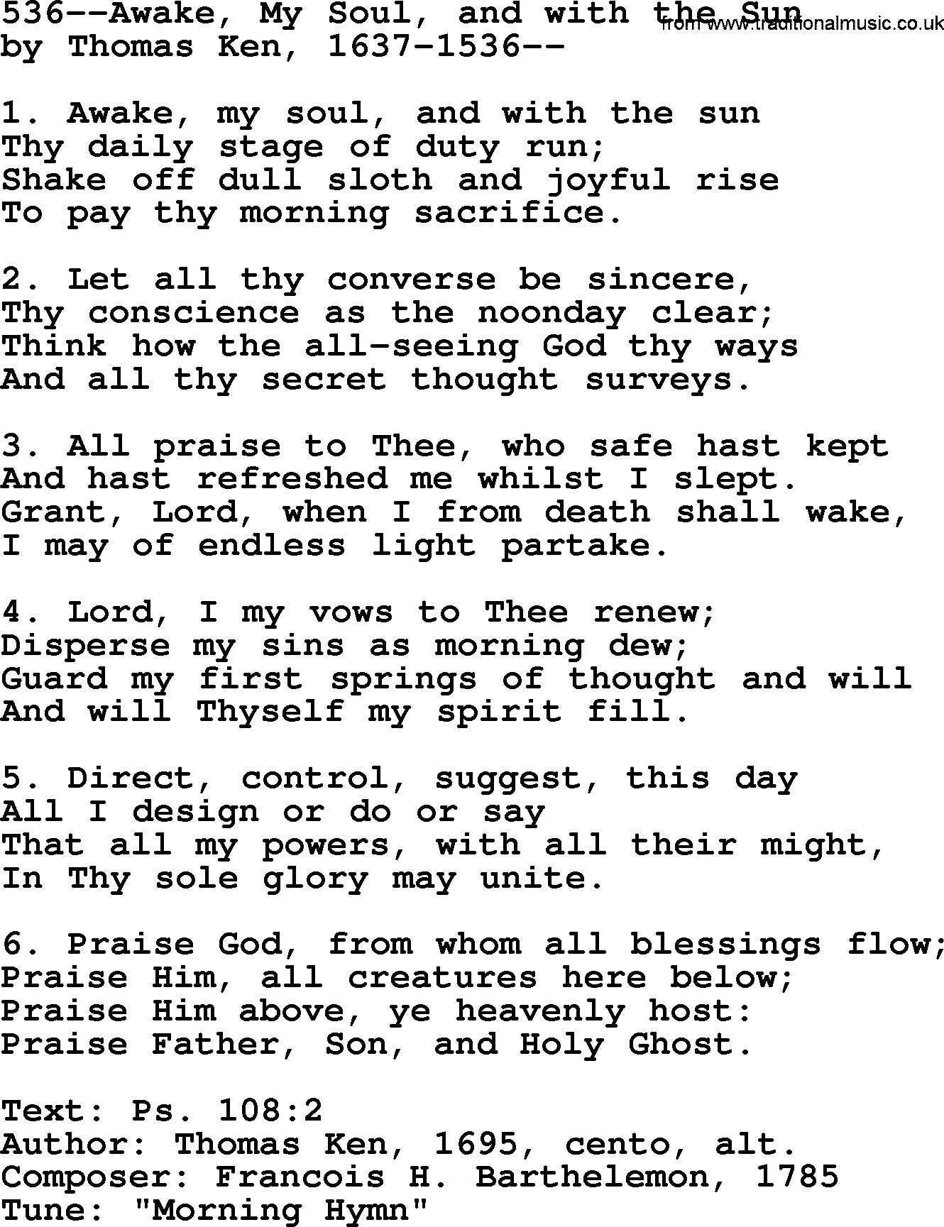 Lutheran Hymn: 536--Awake, My Soul, and with the Sun.txt lyrics with PDF