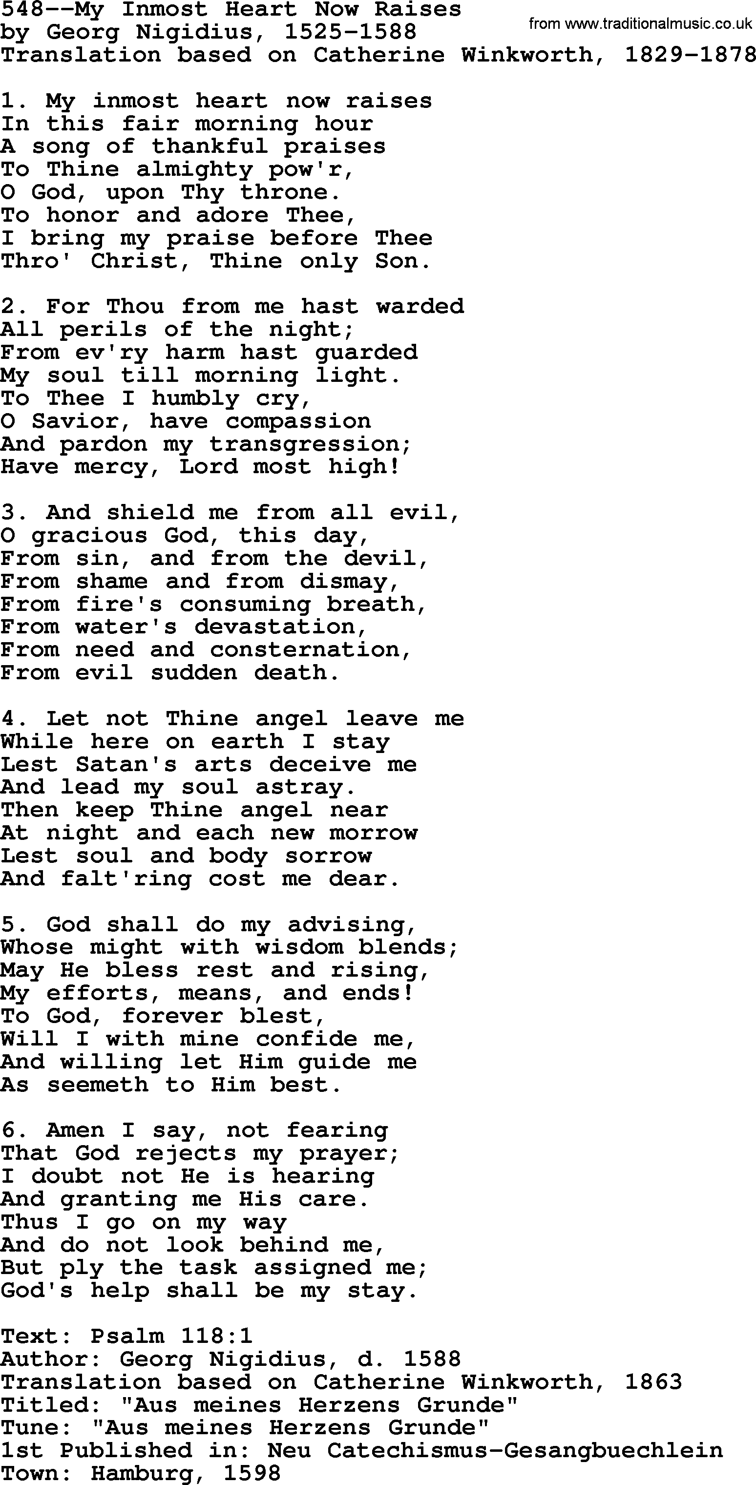 Lutheran Hymn: 548--My Inmost Heart Now Raises.txt lyrics with PDF