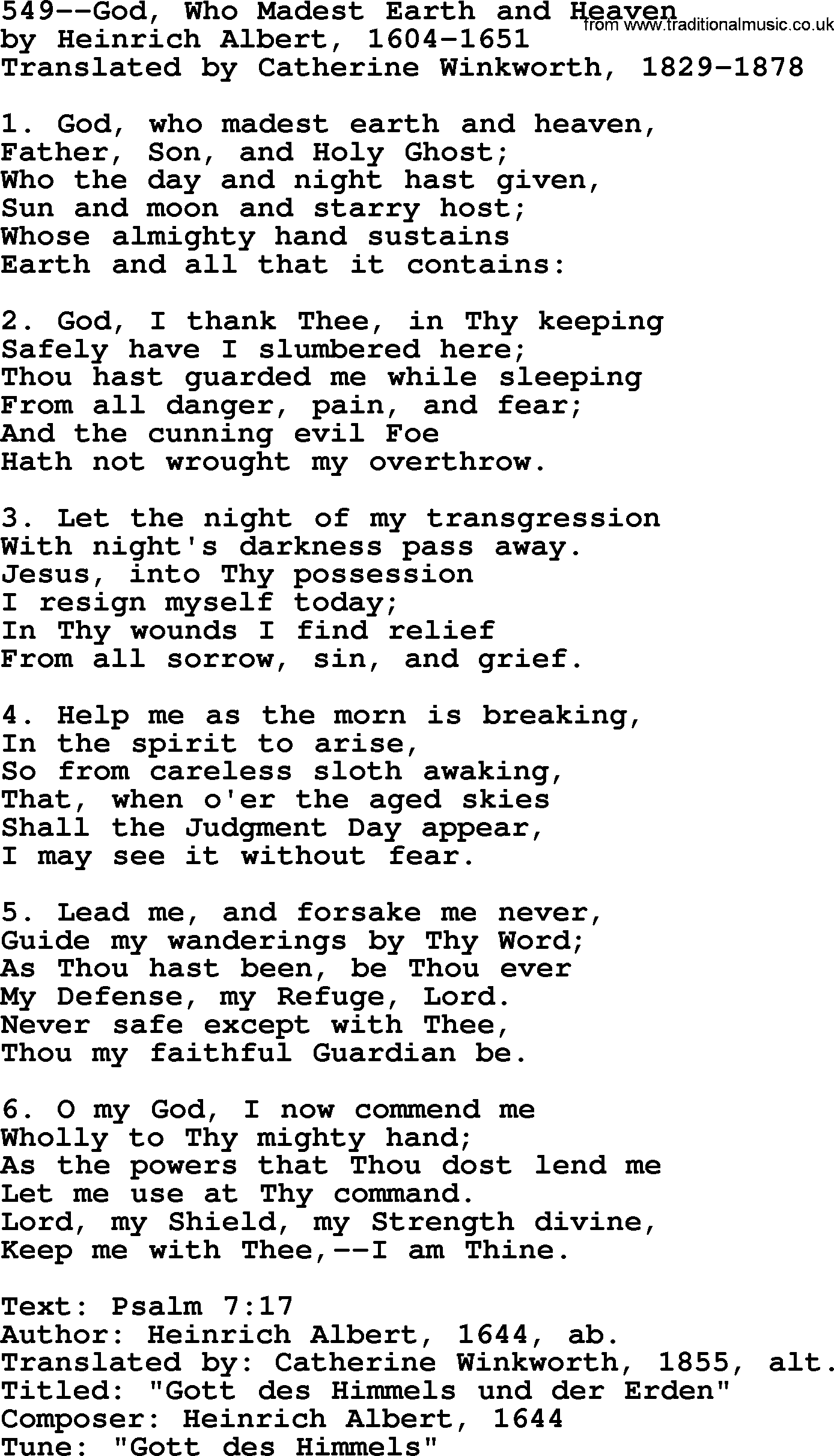 Lutheran Hymn: 549--God, Who Madest Earth and Heaven.txt lyrics with PDF